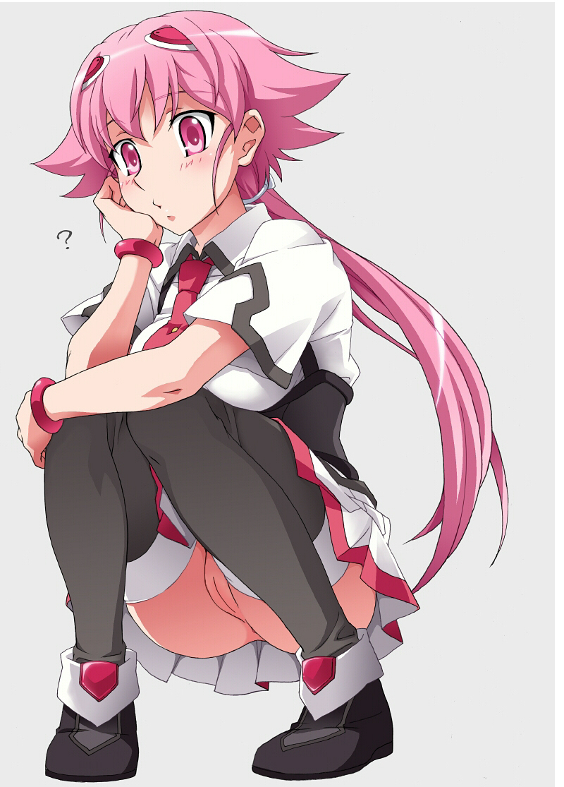 saipaco, shishidou akiha, sora wo kakeru shoujo, third-party edit, 00s, 1girl, anus, ass, bracelet, breasts, female focus, full body, grey background, jewelry, long hair, no panties, nude, pink eyes, pink hair, pussy, school uniform, serafuku, simple background, skirt, solo, squatting, thighhighs, uncensored