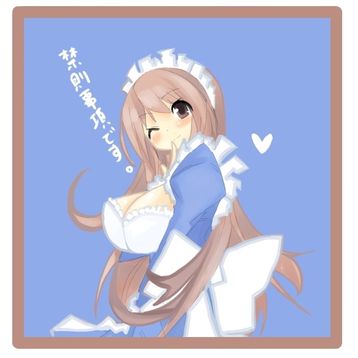 asahina mikuru, suzumiya haruhi no yuuutsu, translated, 00s, blush, breasts, brown hair, cleavage, heart, large breasts, long hair, maid, one eye closed, solo, wink