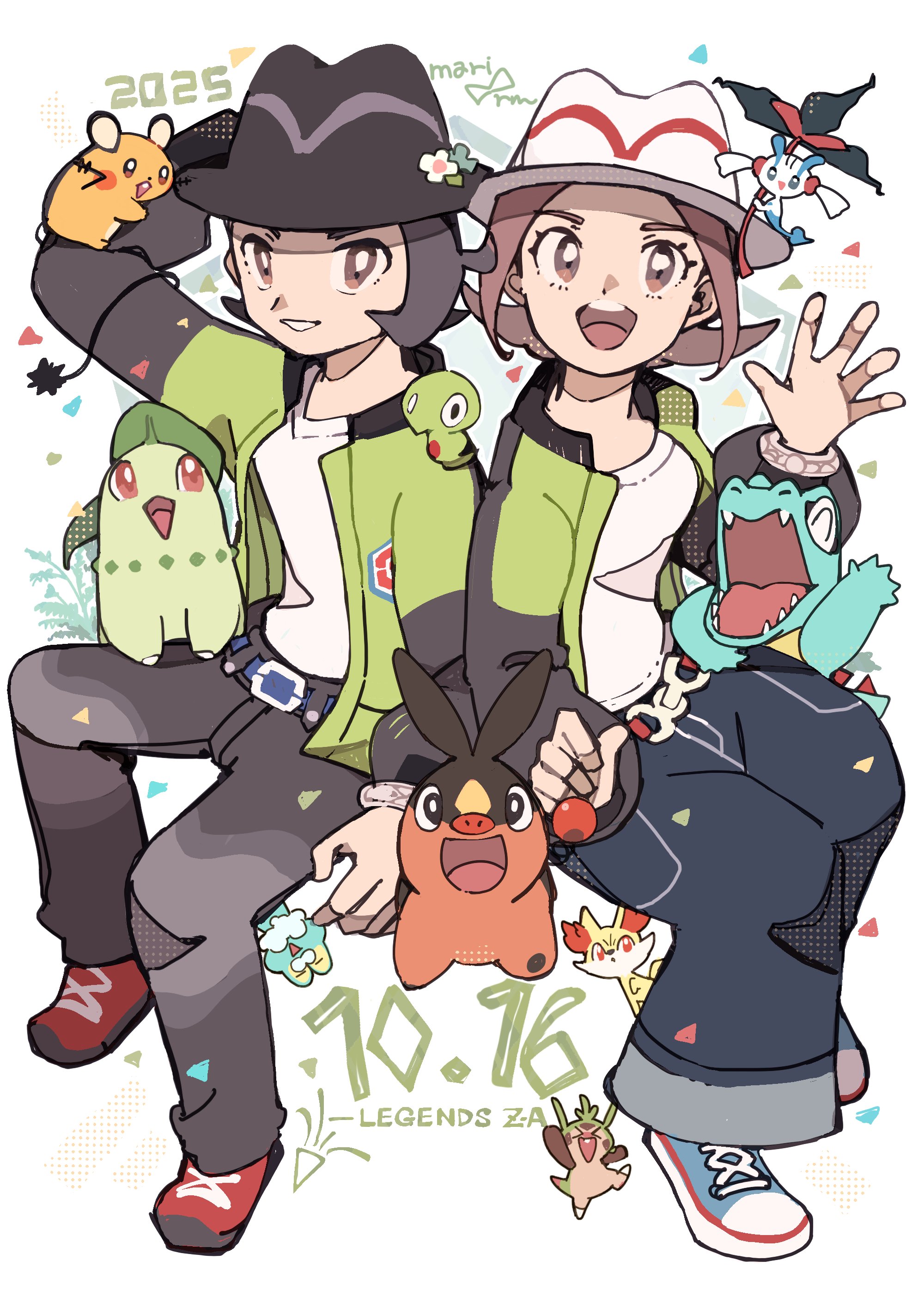 yukikokoro, chespin, chikorita, dedenne, fennekin, floette, floette (eternal), froakie, harmony (pokemon), paxton (pokemon), tepig, totodile, zygarde, zygarde core, nintendo, pokemon, pokemon legends: z-a, absurdres, highres, 1boy, 1girl, bell-bottoms, belt, black hair, black hat, black pants, blue belt, blue pants, breasts, brown eyes, brown hair, closed eyes, closed mouth, confetti, fangs, flower, gen 2 pokemon, gen 5 pokemon, gen 6 pokemon, green jacket, hat, holding, holding flower, jacket, legendary pokemon, long sleeves, looking at viewer, on shoulder, open clothes, open jacket, open mouth, pants, pokemon (creature), pokemon on shoulder, red eyes, sharp teeth, shirt, shoes, short hair, smile, starter pokemon trio, striped hat, tail, teeth, upper teeth only, waving, white hat, white shirt