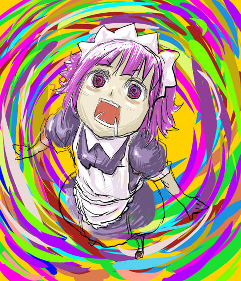 yakui, futaba channel, nijiura maids, @ @, colorful, maid, open mouth, psychedelic, purple eyes, purple hair, saliva, short hair, solo