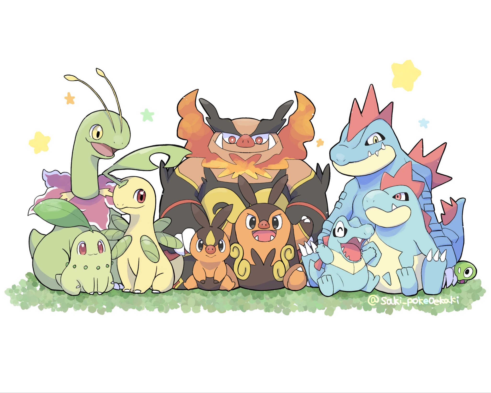saki pokeoekaki, bayleef, chikorita, croconaw, emboar, feraligatr, meganium, pignite, tepig, totodile, nintendo, pokemon, pokemon legends: z-a, highres, animal focus, claws, closed eyes, closed mouth, evolutionary line, fangs, fire, gen 2 pokemon, gen 5 pokemon, leaf, no humans, open mouth, pokemon (creature), pokemon focus, red eyes, sharp teeth, sitting, smile, star (symbol), starter pokemon trio, tail, teeth, yellow eyes