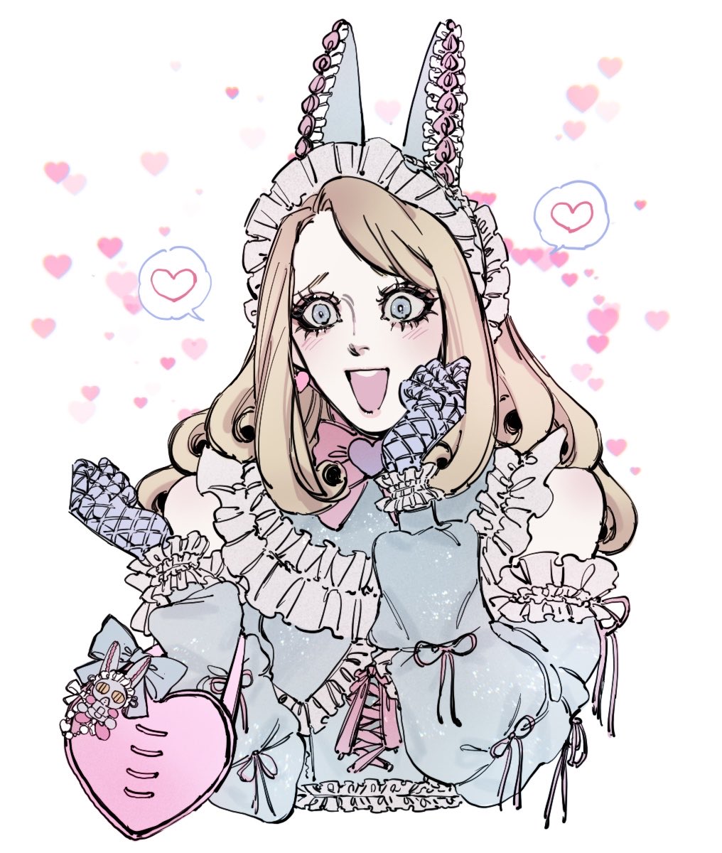 dirty deeds done dirt cheap, funny valentine, jojo no kimyou na bouken, steel ball run, highres, 1boy, alternate costume, androgynous, animal ears, bare shoulders, blonde hair, blue eyes, blush, bow, detached sleeves, eyelashes, fake animal ears, frilled headwear, frilled sleeves, frills, gloves, hair rings, heart, heart-shaped bag, llllll2b, long hair, maid headdress, male focus, pale skin, pink bow, rabbit ears, solo, spoken heart, upper body, white background, white headdress