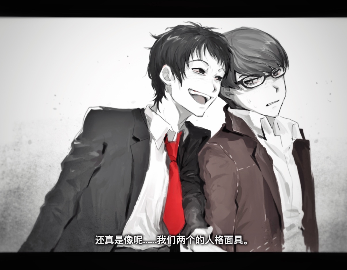 nailtoo, adachi tooru, narukami yu, persona, persona 4, chinese commentary, commentary request, translation request, 2boys, black hair, chinese text, collared shirt, formal clothes, glasses, grey background, grey hair, half-closed eyes, letterboxed, long sleeves, looking at another, looking to the side, male focus, multiple boys, necktie, open mouth, red necktie, school uniform, shirt, short hair, simple background, smile, suit, upper body, white shirt, yasogami school uniform