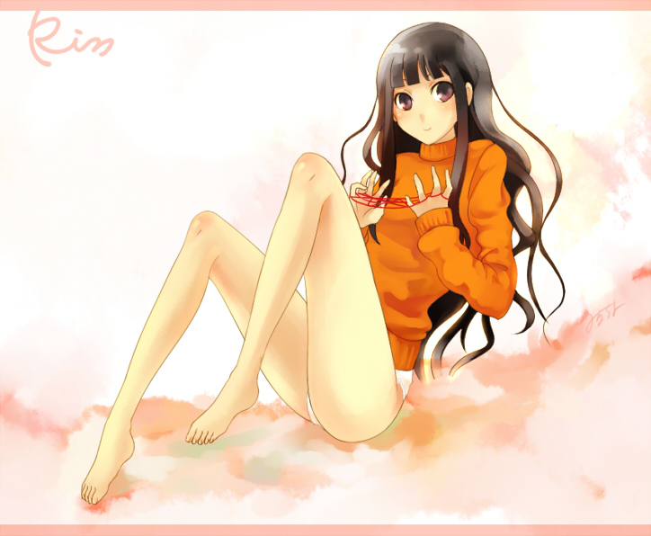 milcho, mirucho, itoshiki rin, sayonara zetsubou sensei, 00s, 1girl, barefoot, black hair, cat's cradle, feet, female focus, legs, letterboxed, long hair, orange shirt, panties, shirt, sitting, smile, solo, sweater, underwear, wavy hair