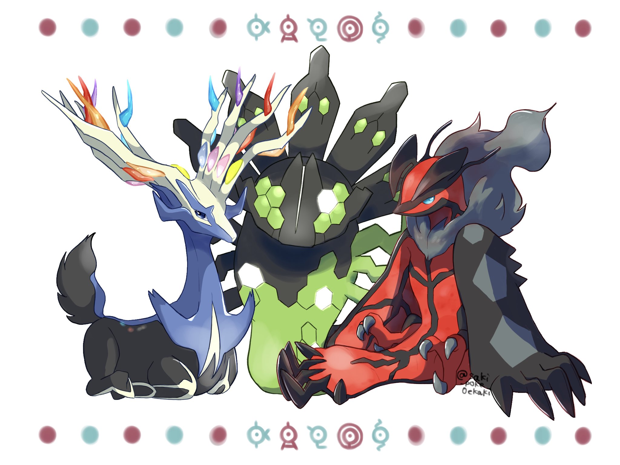 saki pokeoekaki, unown, unown a, unown k, unown l, unown o, unown s, xerneas, yveltal, zygarde, nintendo, pokemon, pokemon legends: z-a, pokemon xy, highres, animal focus, antlers, blue eyes, blue sclera, claws, colored sclera, dragon, gen 2 pokemon, gen 6 pokemon, horns, legendary pokemon, no humans, pokemon (creature), pokemon focus, tail, talons, wings, zygarde (50)