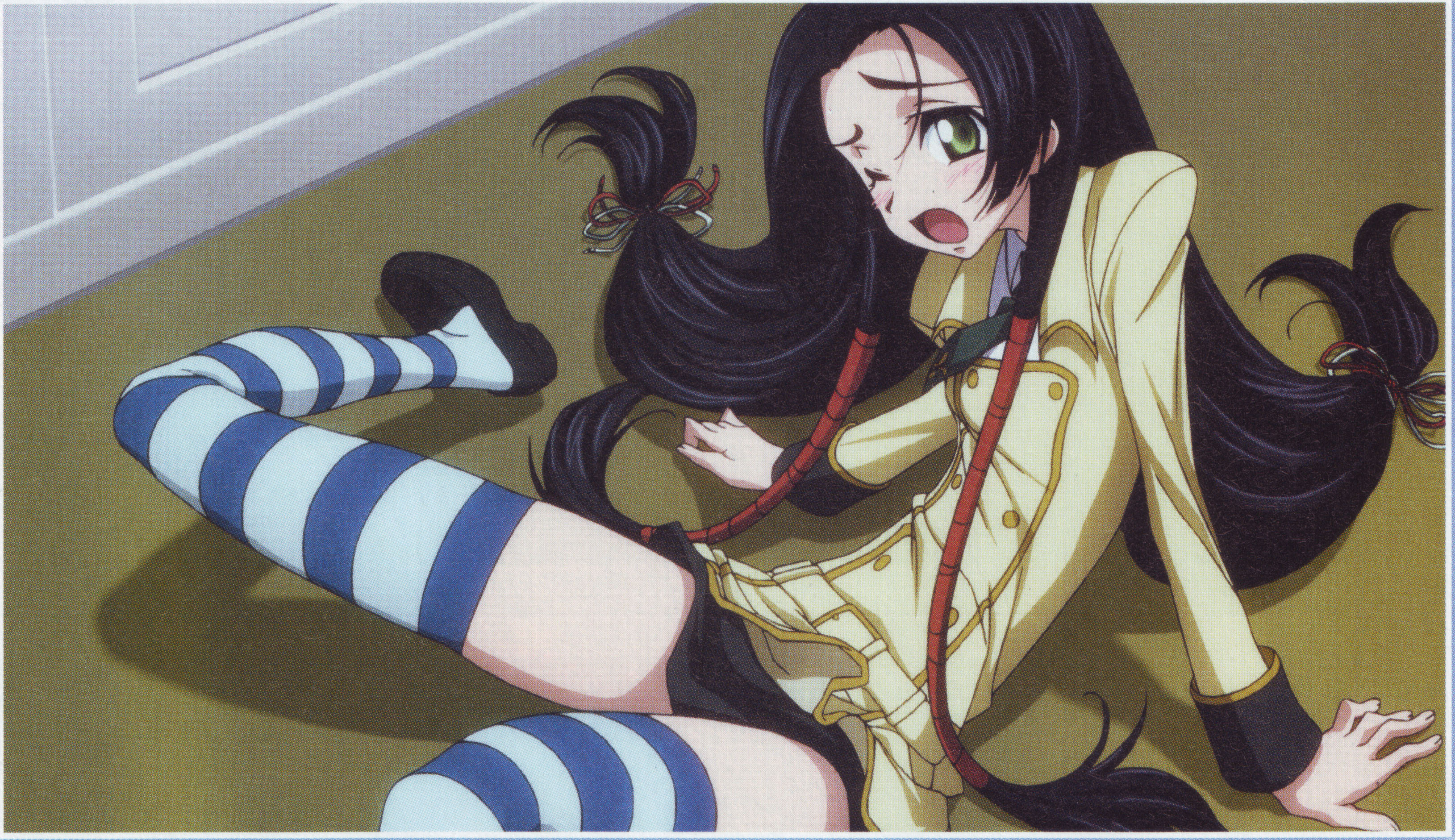 sumeragi kaguya, code geass, code geass: lost colors, absurdres, highres, scan, scan artifacts, 00s, black hair, blush, green eyes, hair ribbon, long hair, ribbon, school uniform, solo, striped clothes, striped thighhighs, thighhighs