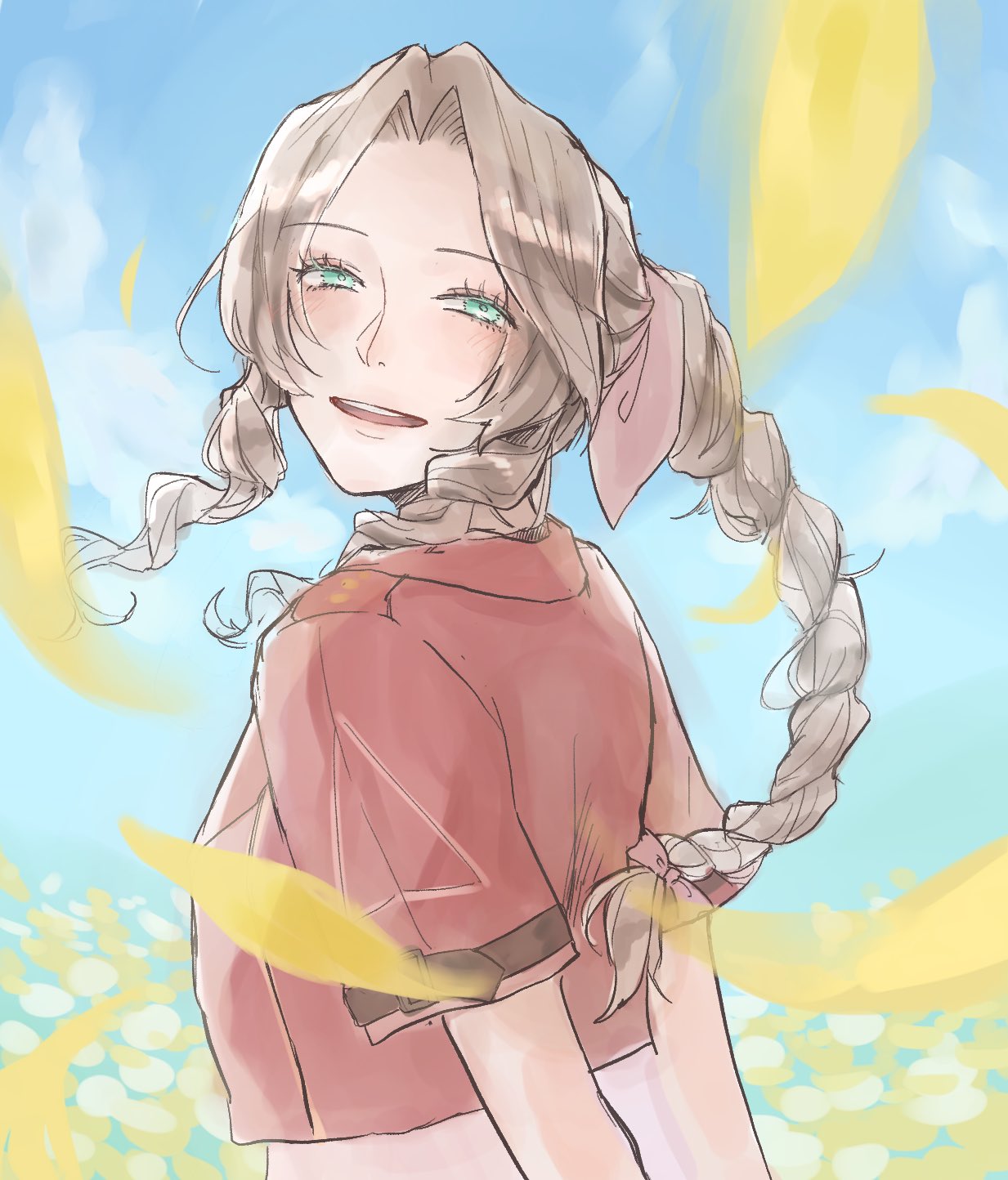 aerith gainsborough, final fantasy, final fantasy vii, final fantasy vii rebirth, final fantasy vii remake, highres, 1girl, arms behind back, braid, braided ponytail, brown hair, cropped jacket, dress, falling petals, field, flower, flower field, fuwari pic, green eyes, hair ribbon, jacket, light blush, long hair, looking at viewer, open mouth, parted bangs, petals, pink dress, pink ribbon, red jacket, ribbon, sidelocks, single braid, smile, solo, upper body, yellow petals