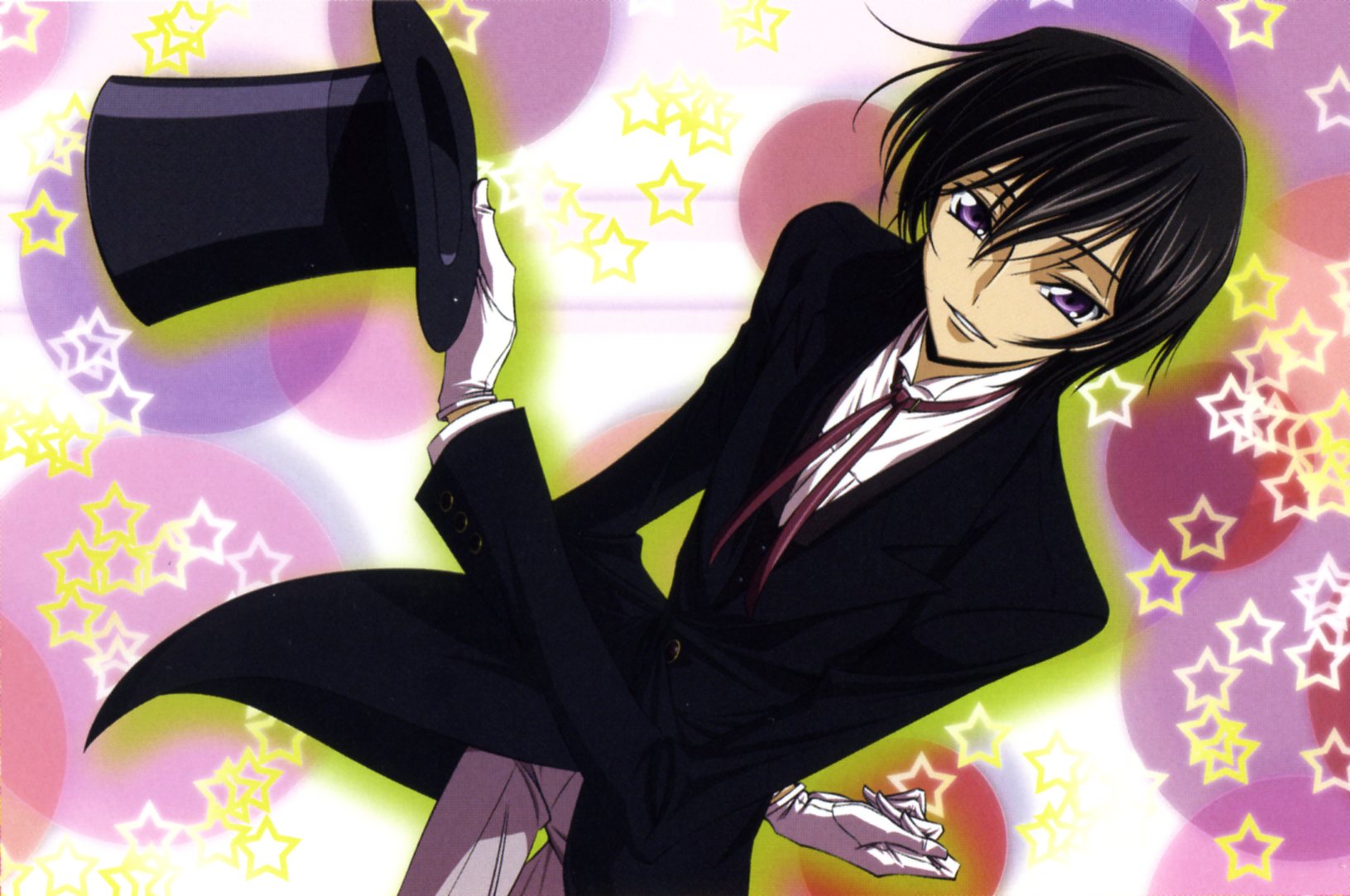 lelouch vi britannia, code geass, highres, 00s, 1boy, black hair, formal clothes, gloves, hat, hat tip, male focus, neck ribbon, purple eyes, ribbon, solo, top hat, white gloves