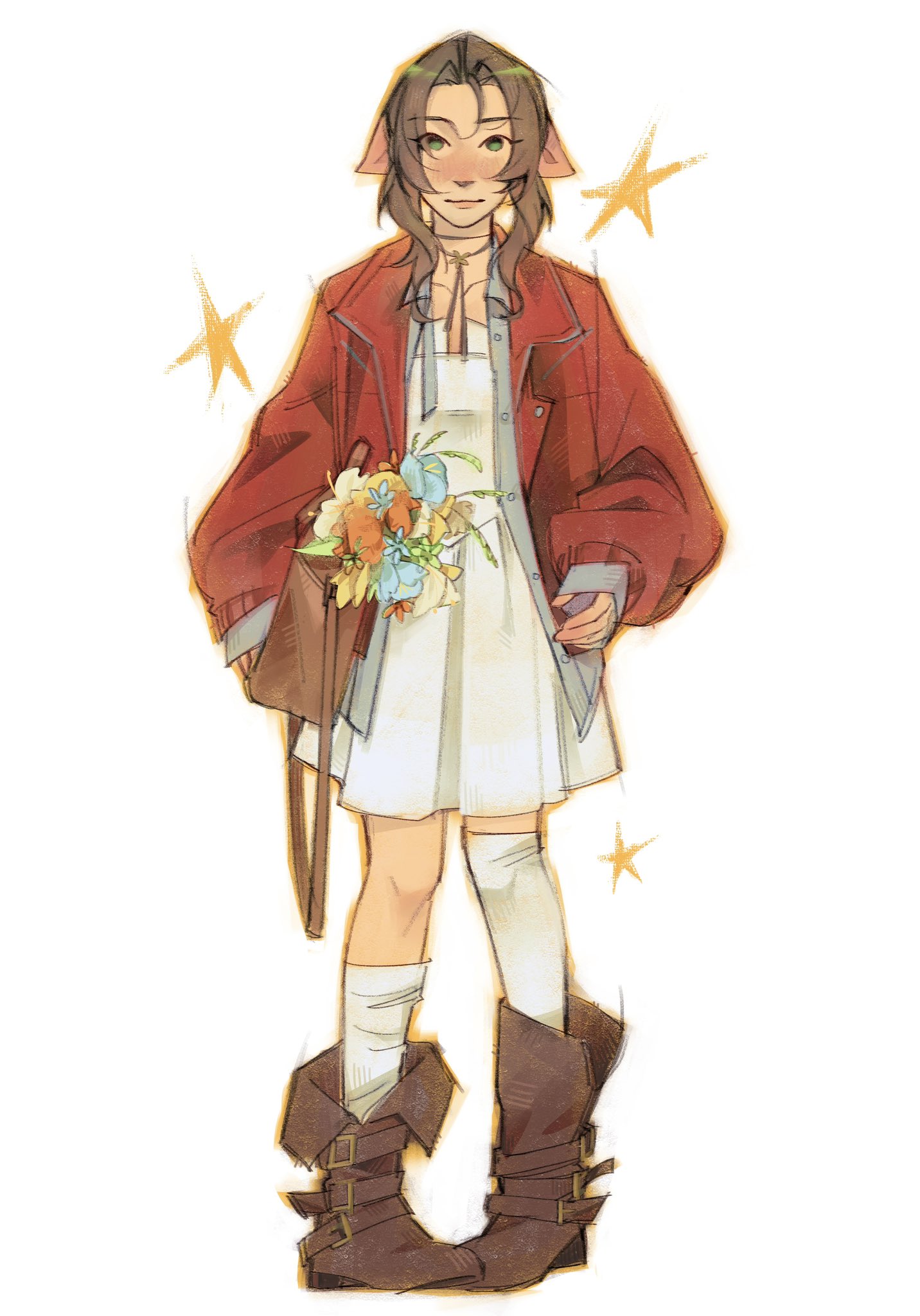 aerith gainsborough, final fantasy, final fantasy vii, highres, 1girl, alternate costume, asymmetrical legwear, bag, blue shirt, blush, boots, breasts, brown bag, brown boots, brown hair, choker, closed mouth, collared shirt, dress, flower, flower choker, green eyes, hair ribbon, holding, holding bag, jacket, long hair, looking at viewer, mangowzz, medium breasts, parted bangs, pink ribbon, red jacket, ribbon, shirt, shoulder bag, sidelocks, sleeves past wrists, socks, solo, standing, thighhighs, white background, white dress, white socks, white thighhighs