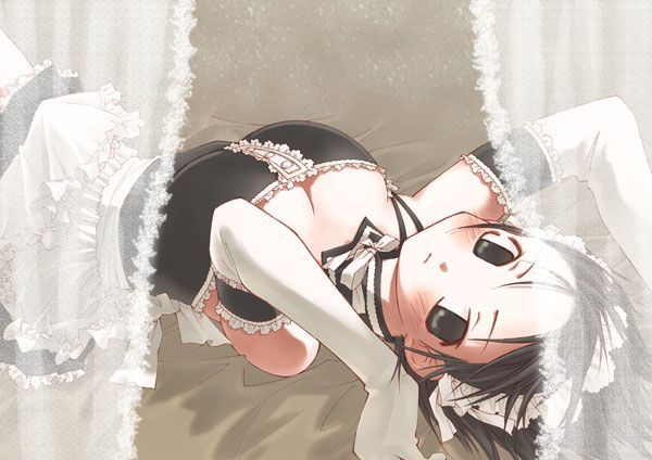 tsubaki asu, sawatari izumi, kore ga watashi no goshujin-sama, 00s, 1girl, aqua eyes, bare shoulders, black hair, blush, breasts, cleavage, detached collar, elbow gloves, female focus, gloves, looking at viewer, lying, maid, maid headdress, medium breasts, nakabayashi yoshitaka's maid uniform, ribbon, solo, white gloves