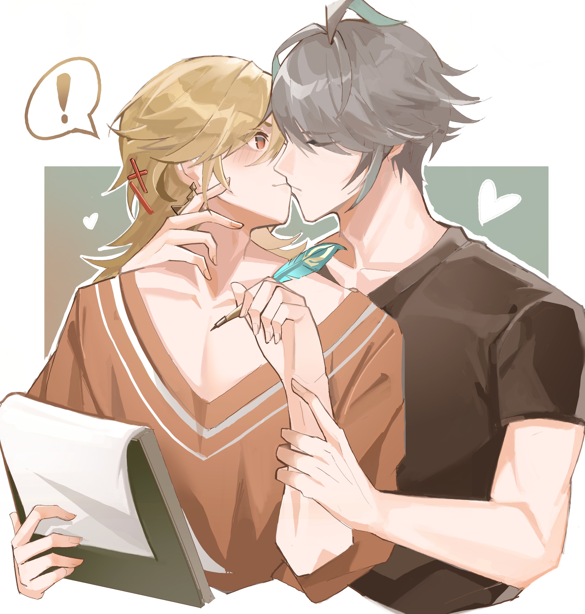 alhaitham (genshin impact), kaveh (genshin impact), genshin impact, absurdres, commentary, highres, !, 2boys, arm up, black shirt, blonde hair, blush, clipboard, closed eyes, closed mouth, collarbone, crew neck, fingernails, grey hair, hand on another's arm, hand on another's neck, heart, holding, holding clipboard, holding quill, male focus, momonnga03, multiple boys, quill, red eyes, shirt, speech bubble, spoken exclamation mark, t-shirt, yaoi