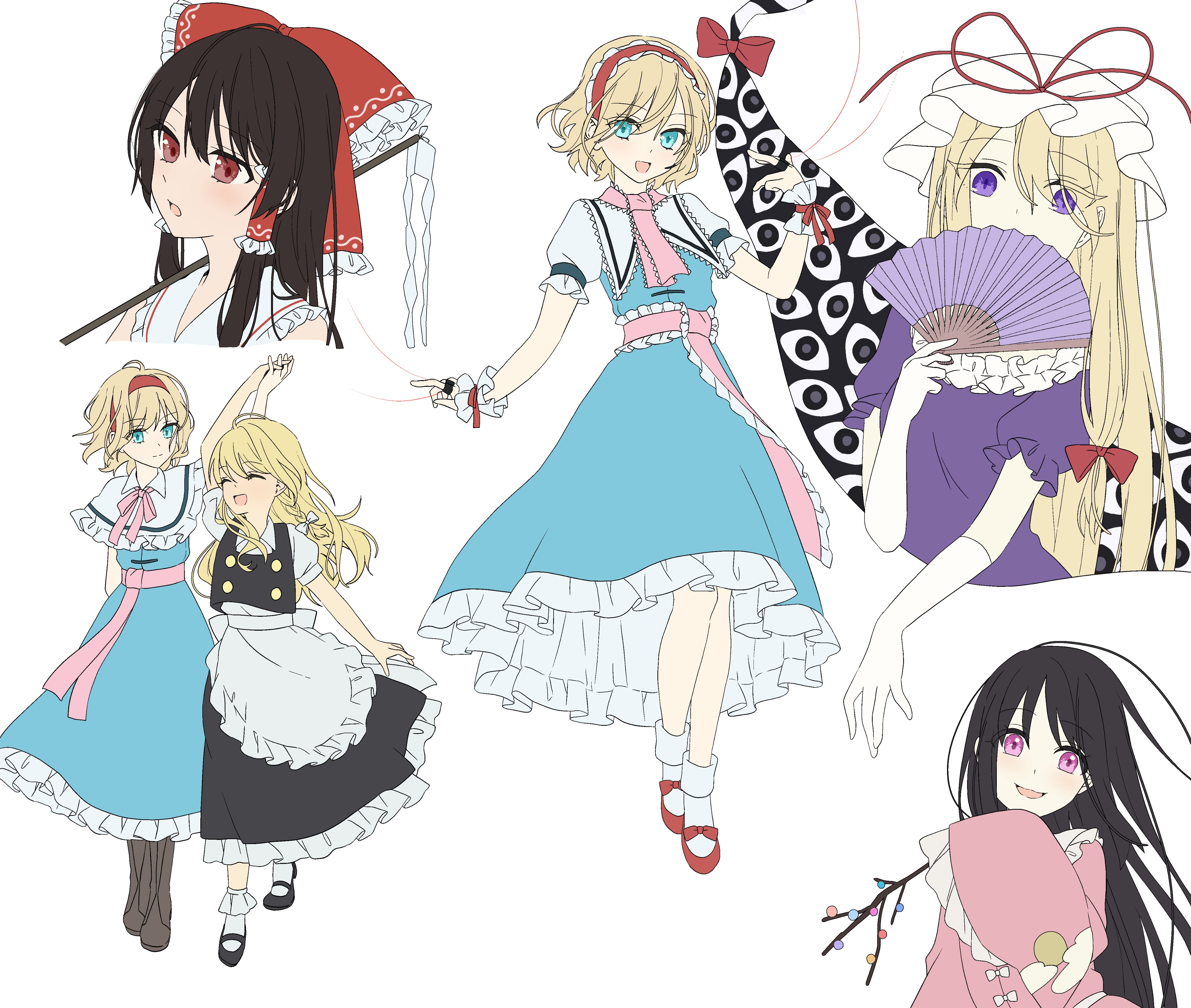 tsuno no hito, alice margatroid, hakurei reimu, houraisan kaguya, kirisame marisa, yakumo yukari, touhou, absurdres, commentary request, highres, 5girls, apron, black hair, black shoes, black skirt, black vest, blonde hair, blue dress, boots, bow, braid, branch, brown boots, brown hair, capelet, dress, folding fan, frilled apron, frilled bow, frilled dress, frilled hair tubes, frilled hairband, frilled skirt, frilled sleeves, frills, gap (touhou), gloves, gohei, hair bow, hair tubes, hairband, hand fan, hat, hat ribbon, holding, holding fan, holding gohei, holding hands, interlocked fingers, jeweled branch of hourai, lolita hairband, long hair, looking at viewer, mob cap, moon print, multiple girls, no headwear, open mouth, pink eyes, pink shirt, print shirt, puffy short sleeves, puffy sleeves, purple dress, purple eyes, red bow, red eyes, red hairband, red ribbon, red shoes, ribbon, shirt, shoes, short sleeves, side braid, single braid, skirt, sleeves past fingers, sleeves past wrists, smile, socks, vest, waist apron, white apron, white bow, white capelet, white gloves, white socks, wide sleeves, yuri