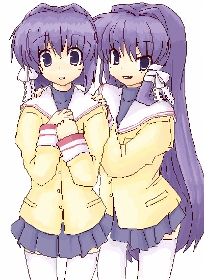 data nanokaa, fujibayashi kyou, fujibayashi ryou, clannad, 00s, long hair, oekaki, purple eyes, purple hair, school uniform, short hair, siblings, sisters, thighhighs, twins