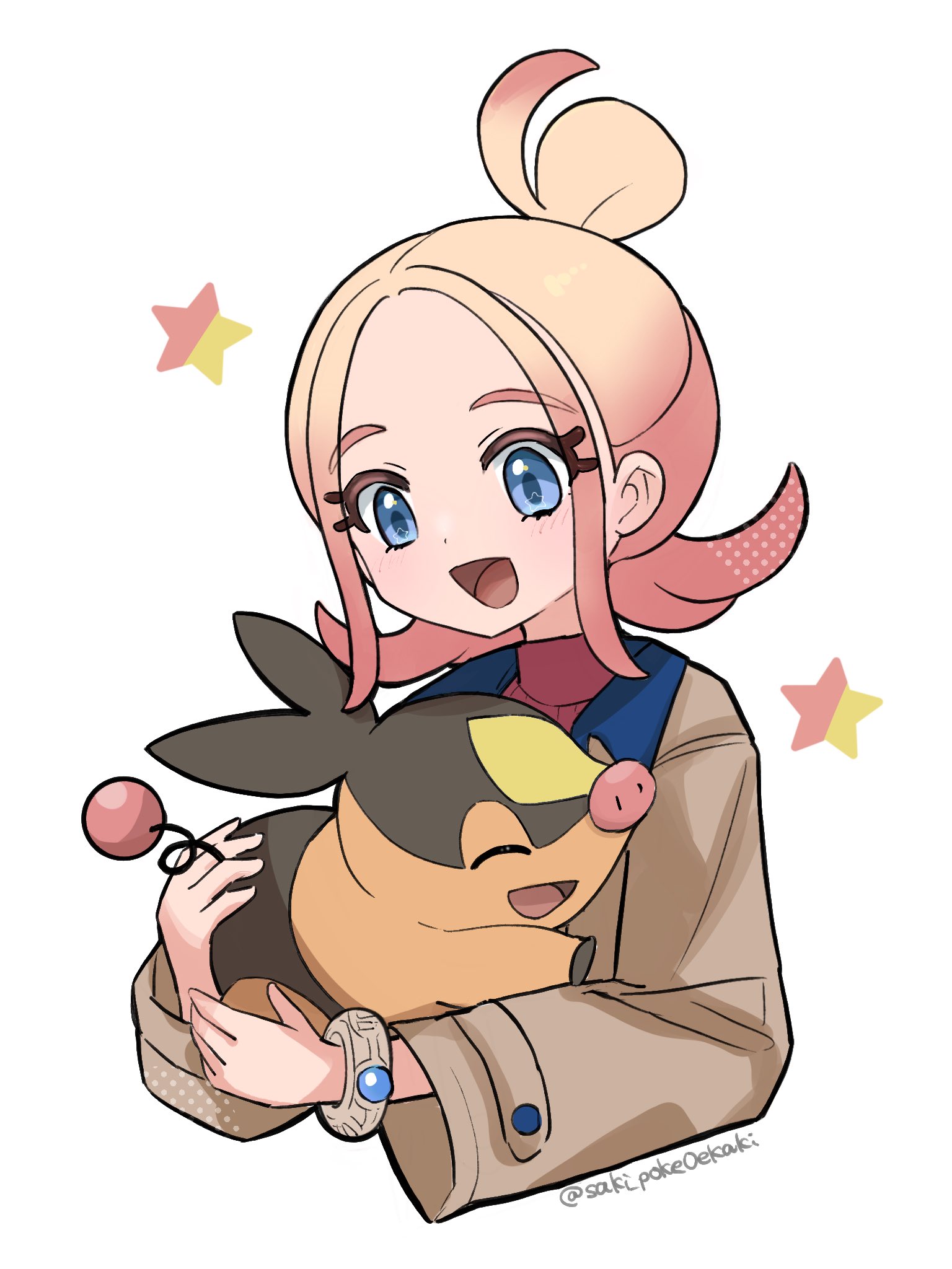 saki pokeoekaki, taunie (pokemon), tepig, nintendo, pokemon, pokemon legends: z-a, highres, 1girl, blonde hair, blue eyes, brown jacket, closed eyes, gen 5 pokemon, gradient hair, hair bun, holding, holding pokemon, jacket, long sleeves, mega ring, multicolored hair, open clothes, open jacket, open mouth, pink hair, pokemon (creature), red shirt, ribbed shirt, shirt, simple background, smile, star (symbol), tail, turtleneck, upper body, white background