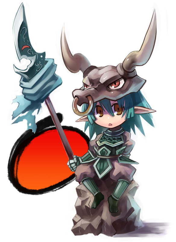 edobox, original, gender request, androgynous, aqua hair, brown eyes, halberd, helmet, pointy ears, polearm, short hair, sitting, solo, weapon