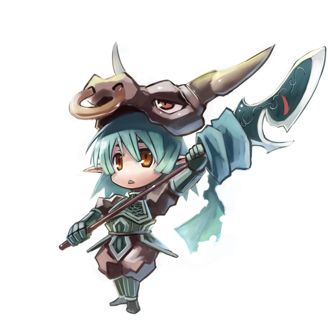 edobox, original, gender request, androgynous, aqua hair, armor, brown eyes, halberd, helmet, pointy ears, polearm, short hair, solo, weapon