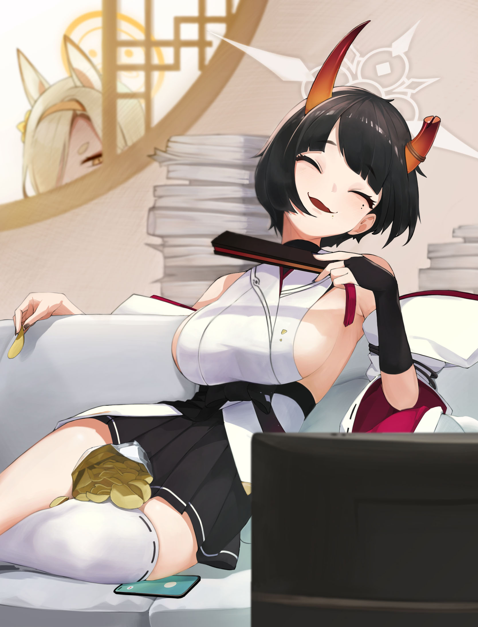aries991, kaho (blue archive), niya (blue archive), blue archive, hashtag-only commentary, highres, 2girls, animal ears, bag of chips, black hair, black nails, black skirt, blonde hair, book, book stack, breasts, bridal gauntlets, broken horn, cellphone, chips (food), closed eyes, couch, fingernails, folded fan, folding fan, food, halo, hand fan, holding, holding fan, holding food, horns, indoors, japanese clothes, kimono, large breasts, lattice, long fingernails, mole, mole under eye, multiple girls, nail polish, on couch, open mouth, orange horns, phone, pleated skirt, potato chips, short hair, sideless kimono, single thighhigh, sitting, skirt, sleeveless, sleeveless kimono, smartphone, smile, solo focus, television, thighhighs, white halo, white kimono, white thighhighs, yellow eyes, yellow halo