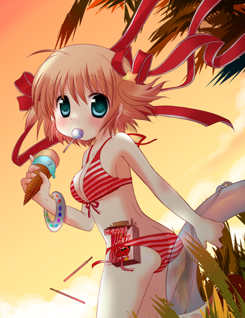 sakamaki akimu, kamikita komari, little busters!, bad id, bad pixiv id, bikini, bracelet, candy, food, green eyes, hair ribbon, ice cream, innertube, jewelry, lollipop, mouth hold, orange hair, pocky, red bikini, ribbon, short hair, solo, sunset, swim ring, swimsuit, twintails