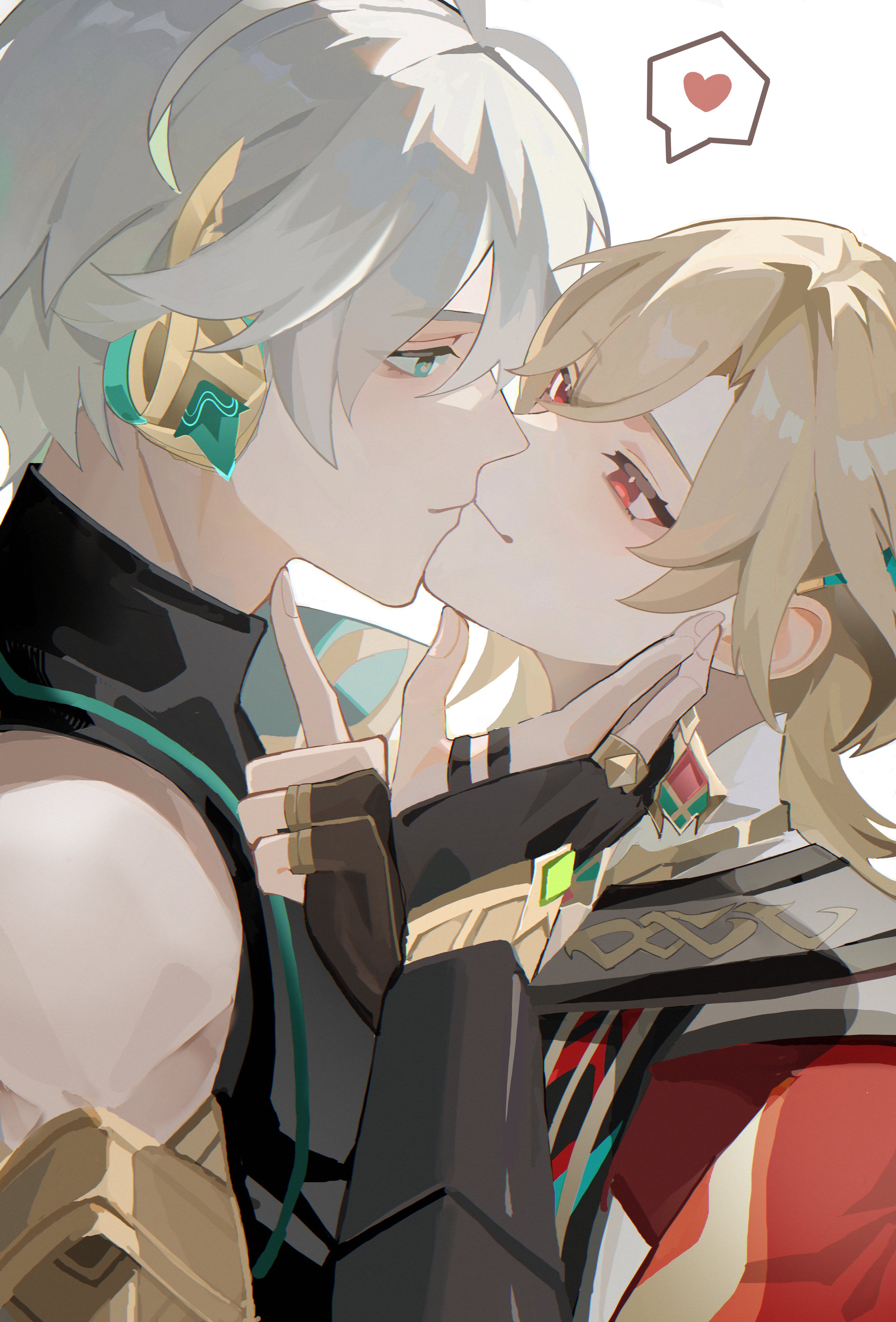 alhaitham (genshin impact), kaveh (genshin impact), genshin impact, absurdres, commentary request, highres, 2boys, arm up, black bridal gauntlets, black gloves, black shirt, blonde hair, bridal gauntlets, closed mouth, fingernails, from side, gloves, green eyes, grey hair, hand on another's face, heart, kiss, male focus, momonnga03, multiple boys, parted bangs, partially fingerless gloves, red eyes, shirt, sleeveless, sleeveless shirt, speech bubble, spoken heart, upper body, white background, yaoi