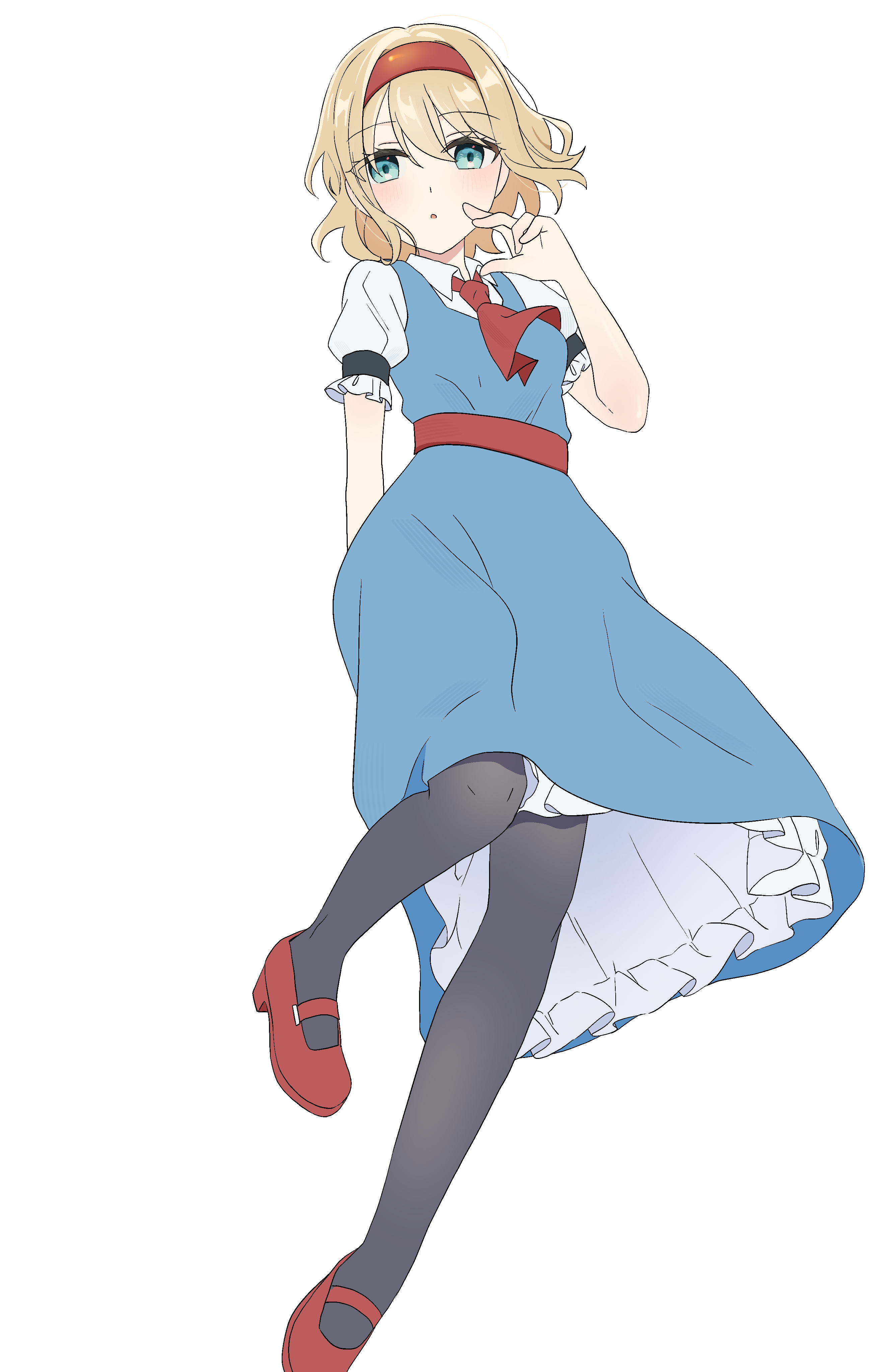 tsuno no hito, alice margatroid, touhou, absurdres, commentary request, highres, 1girl, adapted costume, arm behind back, ascot, black pantyhose, blonde hair, blue dress, breasts, collared shirt, dress, green eyes, hairband, looking at viewer, mary janes, pantyhose, pinafore dress, puffy short sleeves, puffy sleeves, red ascot, red hairband, red shoes, shirt, shoes, short sleeves, simple background, sleeveless, sleeveless dress, solo, white background, white shirt
