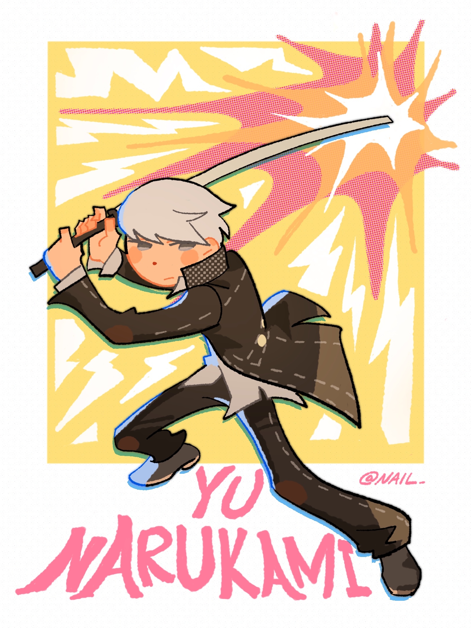 nailtoo, narukami yu, persona, persona 4, chinese commentary, commentary request, highres, procreate (medium), 1boy, artist name, black jacket, black pants, character name, closed mouth, full body, grey eyes, grey hair, holding, holding sword, holding weapon, jacket, long sleeves, looking to the side, male focus, pants, school uniform, shoes, short hair, simple background, solo, standing, sword, weapon, white background, yasogami school uniform