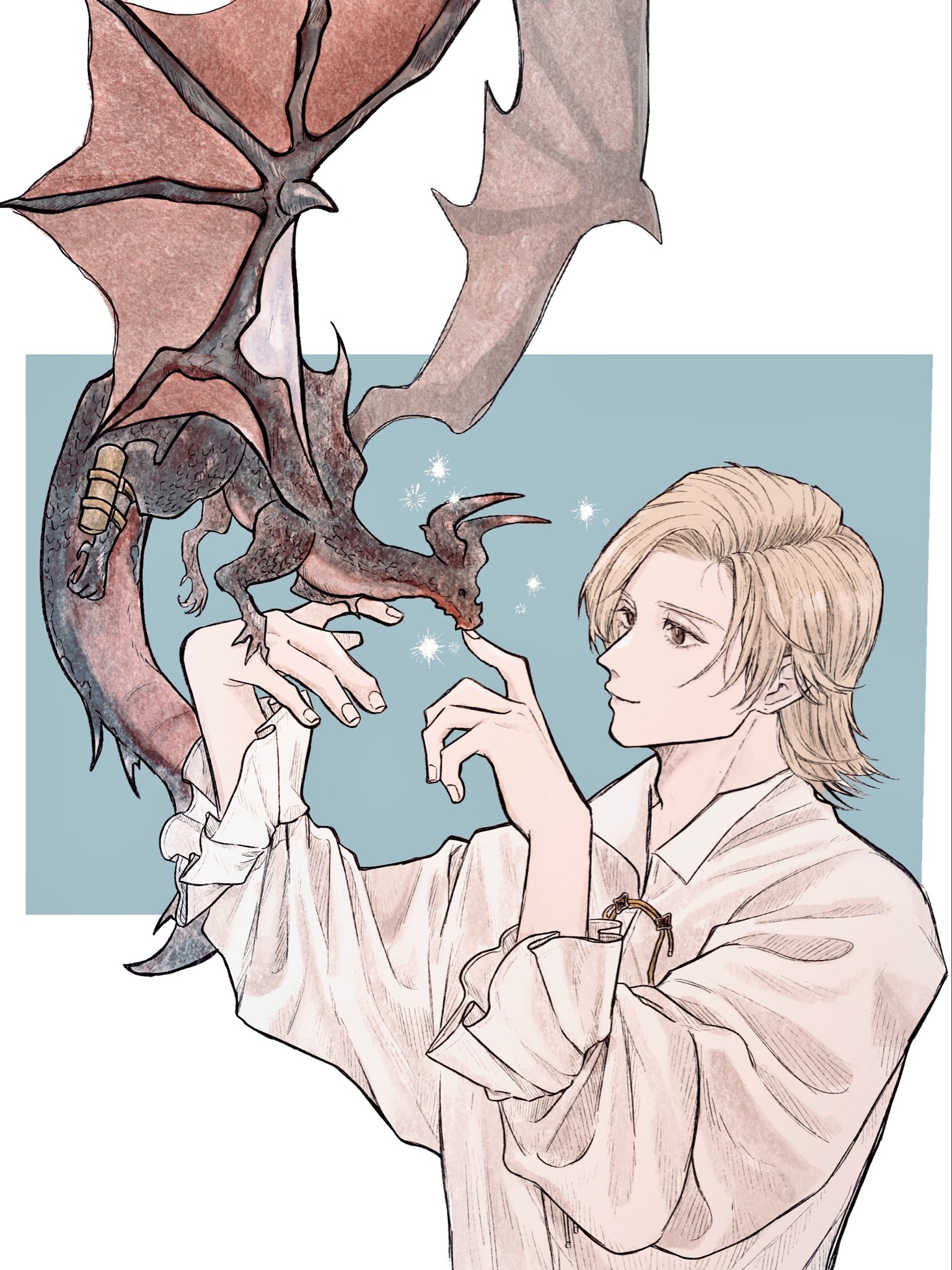 onigiruru, dion lesage, final fantasy, final fantasy xvi, commentary, highres, symbol-only commentary, 1boy, arms up, blonde hair, closed mouth, collared shirt, dragon, dragon horns, frilled sleeves, frills, horns, long sleeves, looking at another, male focus, parted bangs, shirt, smile, upper body, white shirt, wing collar, wings