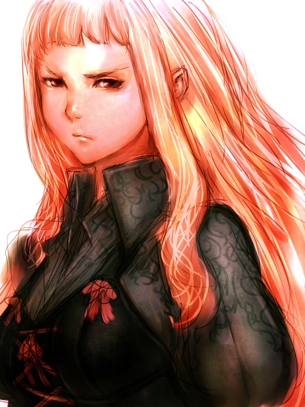fumio (rsqkr), kara, kara (white knight chronicles), shirokishi monogatari, 1girl, angry, blunt bangs, corset, female focus, frown, high collar, long hair, looking at viewer, orange hair, red eyes, red hair, ribbon, sidelocks, simple background, solo, upper body