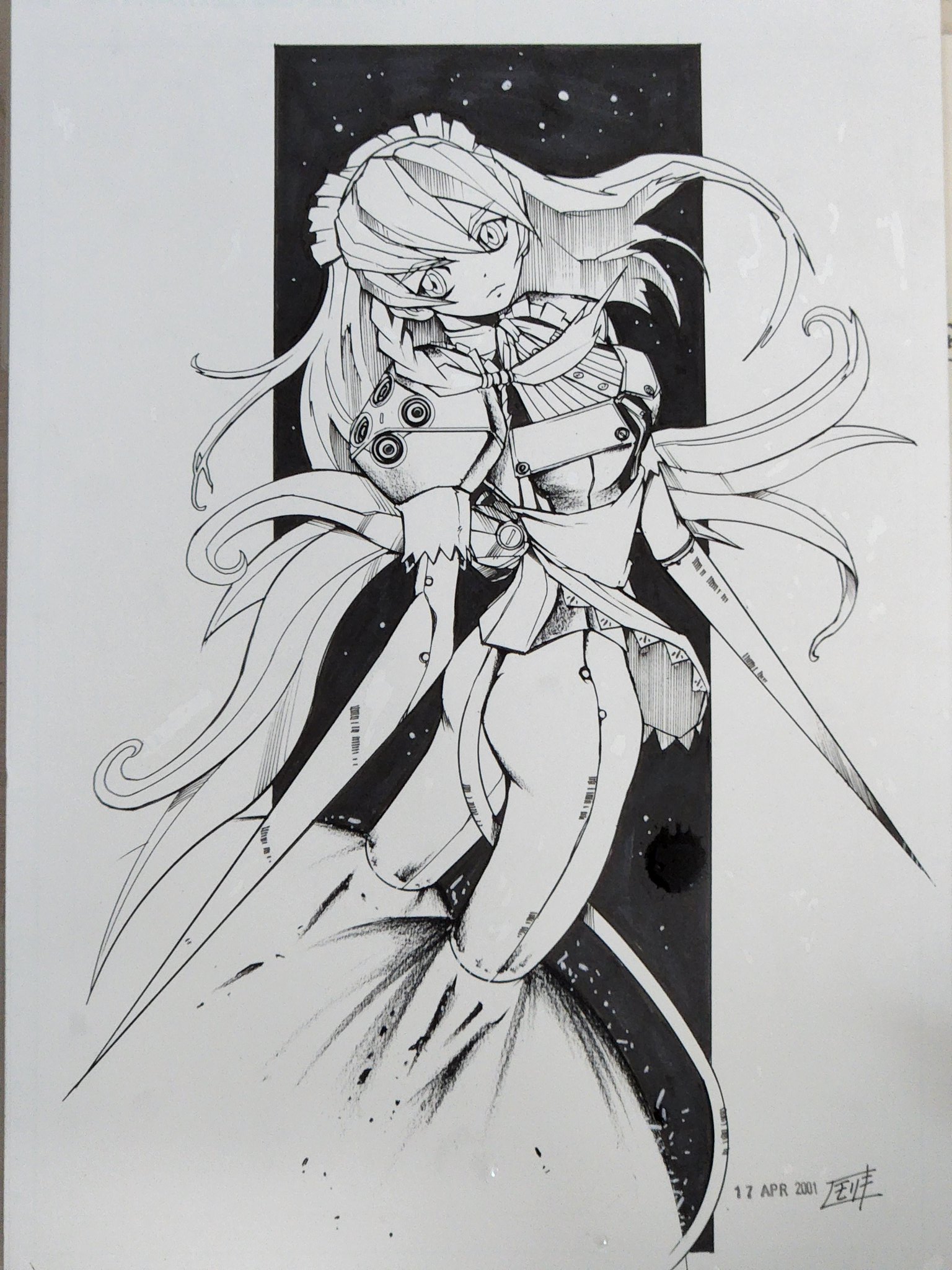 moriki yasuhiro, cyberdoll may, hand maid may, commentary, highres, third-party source, traditional media, 1girl, alternate design, android, apron, arm blade, artist name, ass, braid, breasts, closed mouth, dated, fire, full body, greyscale, long hair, looking back, maid, maid headdress, medium breasts, monochrome, puffy short sleeves, puffy sleeves, short sleeves, side braid, signature, solo, space, star (symbol), thrusters, very long hair, weapon