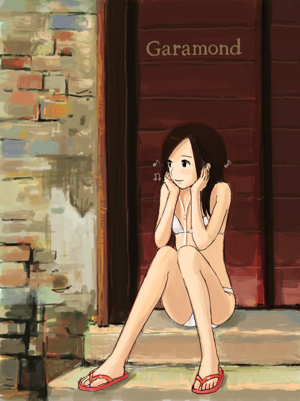 kokudou juunigou, original, bad id, bad pixiv id, 1girl, bikini, brown hair, earbuds, earphones, feet, female focus, flip-flops, legs, music, musical note, sandals, sitting, sitting on stairs, smile, solo, stairs, swimsuit, white bikini