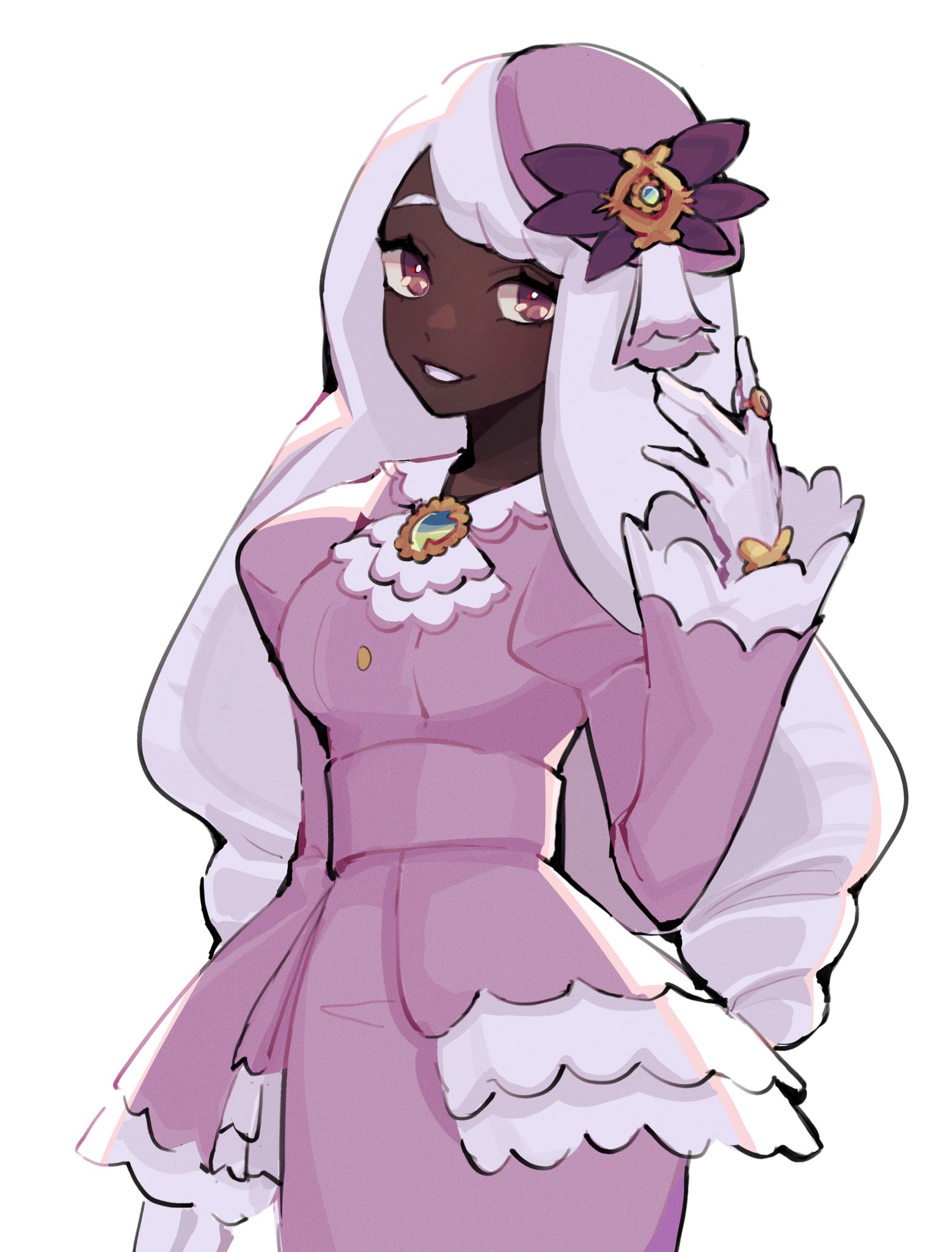 hyoon (sockgyu), nintendo, pokemon, pokemon legends: z-a, highres, 1girl, ascot, beret, brooch, cowboy shot, dark-skinned female, dark skin, dress, drill hair, frilled ascot, frills, gloves, hair ornament, hand up, hat, jacinthe (pokemon), jewelry, parted lips, purple dress, purple eyes, ring, smile, very dark skin, white gloves