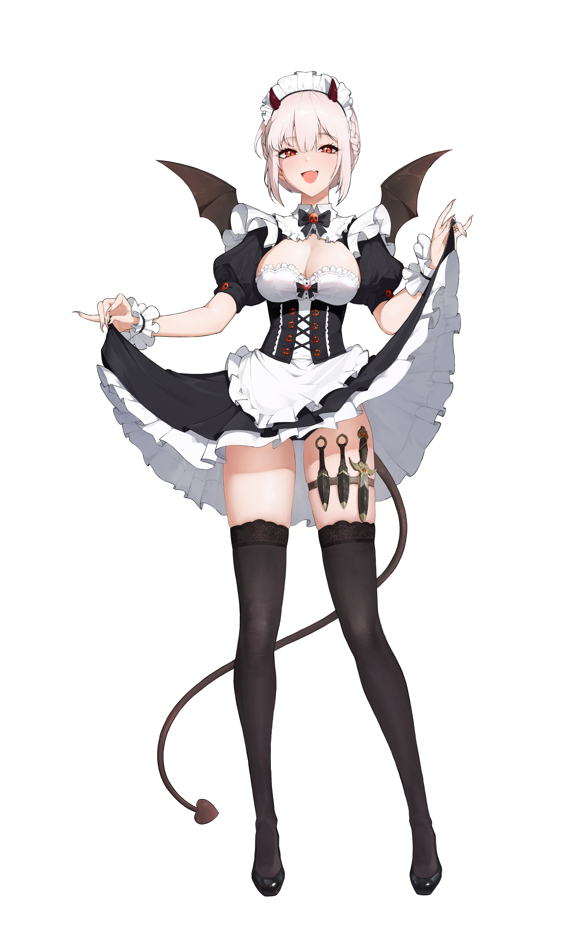 aries991, original, absurdres, commentary, highres, 1girl, :d, apron, black bow, black bowtie, black corset, black dress, black panties, black shoes, black thighhighs, bow, bowtie, braid, breasts, brown hair, cleavage cutout, clothes lift, clothing cutout, collared dress, corset, dagger, demon girl, demon horns, demon tail, demon wings, dress, dress lift, fang, fingernails, frilled apron, frilled wrist cuffs, frills, full body, hair between eyes, horns, knife, large breasts, lifting own clothes, looking at viewer, maid, maid headdress, open mouth, panties, puffy short sleeves, puffy sleeves, red eyes, sharp fingernails, shoes, short hair, short sleeves, simple background, skin fang, smile, solo, standing, tail, thigh strap, thighhighs, underwear, very long fingernails, weapon, white apron, white background, wings, wrist cuffs