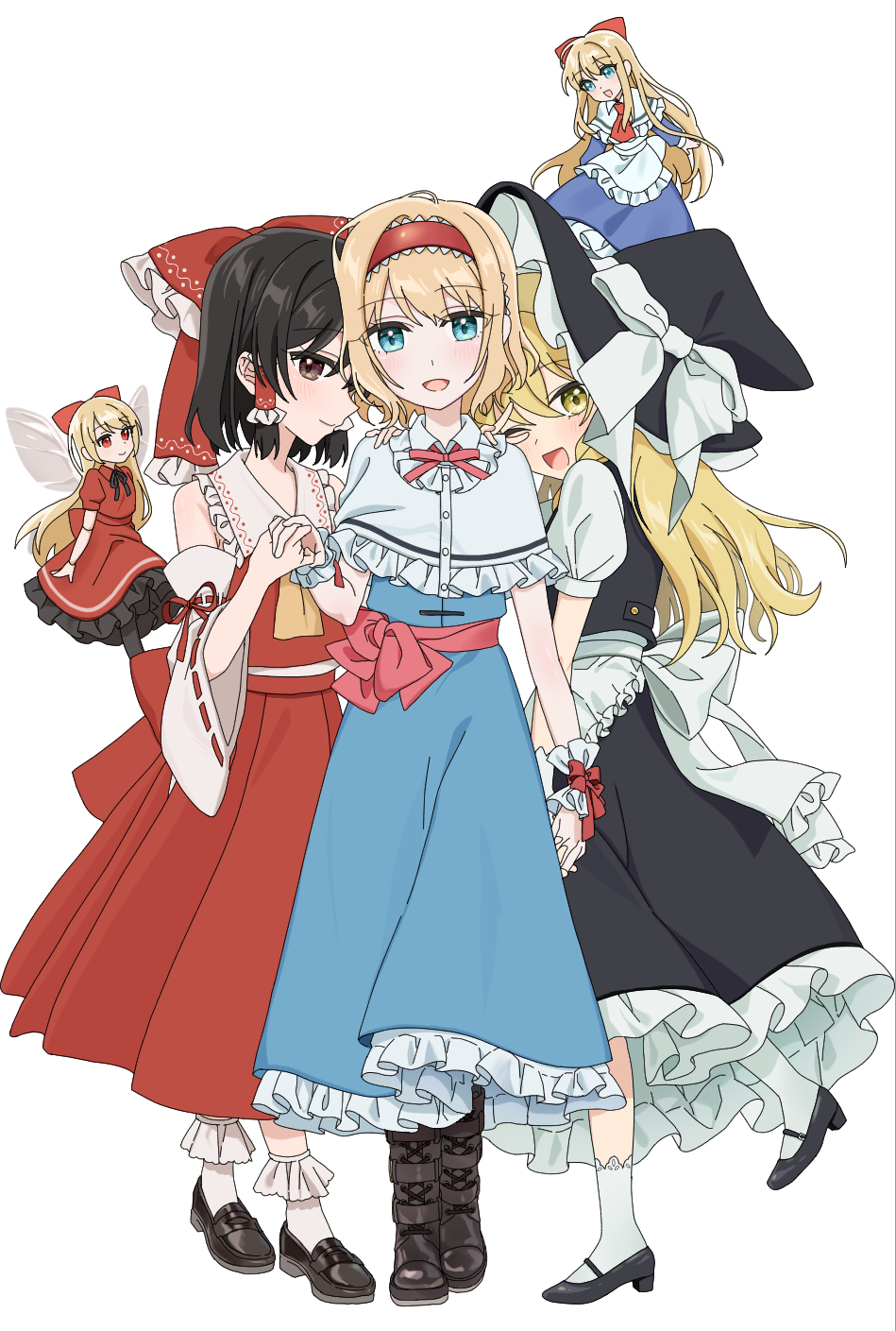 tsuno no hito, alice margatroid, hakurei reimu, hourai doll, kirisame marisa, shanghai doll, touhou, commentary request, highres, 5girls, apron, ascot, black hair, black hat, black shoes, black skirt, black vest, blonde hair, blue dress, blue eyes, boots, bow, brown boots, brown eyes, capelet, closed mouth, detached sleeves, doll, dress, frilled bow, frilled dress, frilled hair tubes, frilled hairband, frilled skirt, frills, hair bow, hair tubes, hairband, hat, hat bow, high heels, holding hands, interlocked fingers, loafers, lolita hairband, long hair, looking at viewer, multiple girls, neck ribbon, one eye closed, open mouth, pink ribbon, red ascot, red bow, red dress, red eyes, red hairband, red skirt, ribbon, ribbon-trimmed sleeves, ribbon trim, shoes, simple background, skirt, skirt set, smile, socks, vest, waist apron, white apron, white background, white bow, white capelet, white socks, wings, witch hat, wrist cuffs, yellow ascot, yellow eyes, yuri
