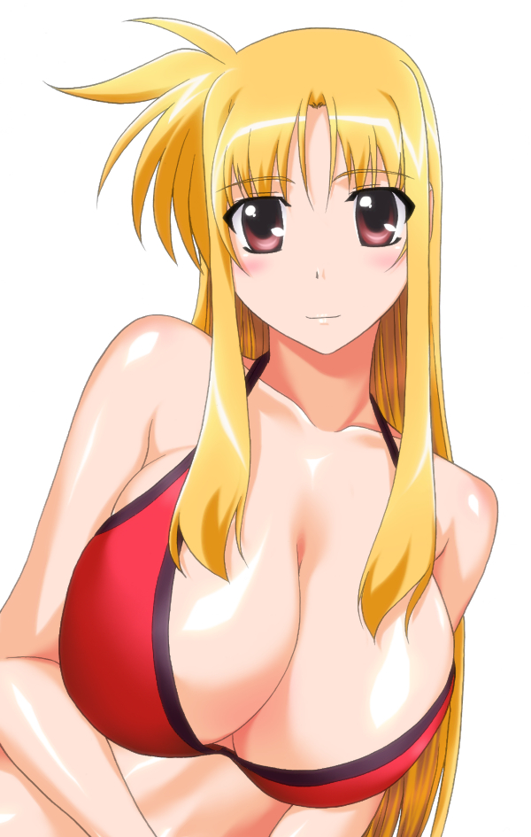 yuuki1103, fate testarossa, lyrical nanoha, mahou shoujo lyrical nanoha, mahou shoujo lyrical nanoha strikers, 00s, bikini, blonde hair, blush, breasts, cleavage, huge breasts, long hair, red eyes, smile, solo, swimsuit