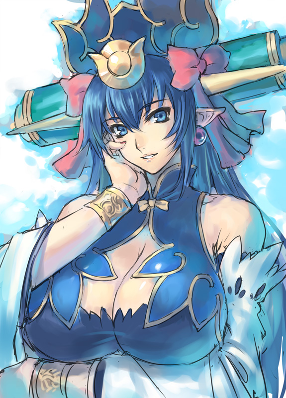 ran'ou (tamago no kimi), nayuta (shinrabanshou), shinrabanshou, breast hold, 1girl, bare shoulders, blue eyes, blue hair, bow, bracelet, breasts, cleavage, cleavage cutout, clothing cutout, detached sleeves, earrings, female focus, hair bow, hand on own face, headdress, horns, huge breasts, jewelry, long hair, matching hair/eyes, monster girl, nail polish, pointy ears, red nails, scroll, smile, solo