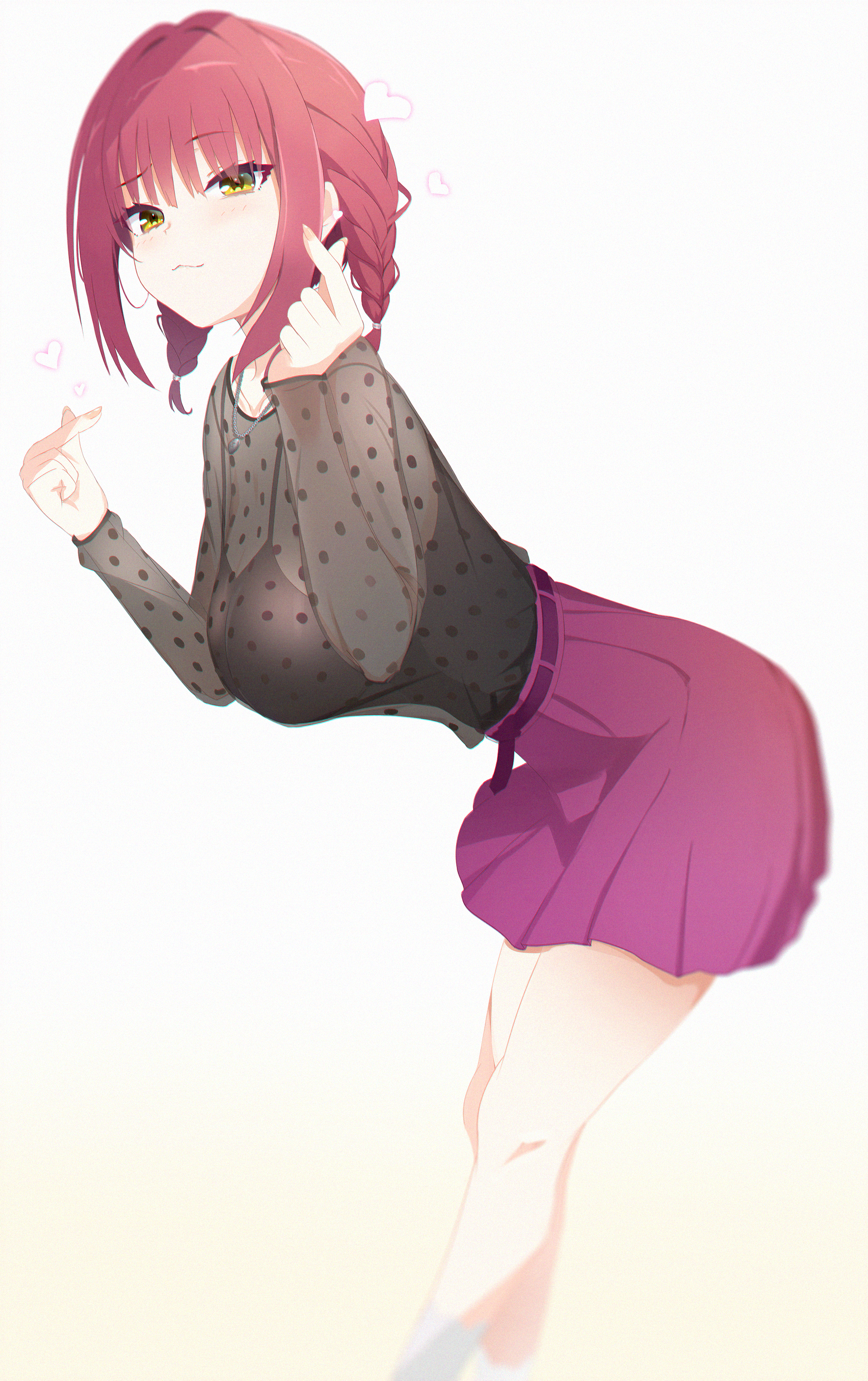 doruzou18, limelight lemonade jam, absurdres, commentary request, highres, 1girl, :3, alternate costume, alternate hairstyle, black bra, black shirt, blush, bra, bra visible through clothes, braid, breasts, closed mouth, double finger heart, eyelashes, eyes visible through hair, feet out of frame, film grain, finger heart, fingernails, furrowed brow, futamihara ririko, hair between eyes, hair intakes, hands up, heart, high-waist skirt, jewelry, large breasts, leaning forward, long sleeves, looking at viewer, medium hair, pendant, pink skirt, pleated skirt, polka dot, polka dot shirt, red hair, see-through clothes, see-through shirt, shirt, simple background, skirt, smile, solo, standing, twin braids, underwear, white background, yellow eyes