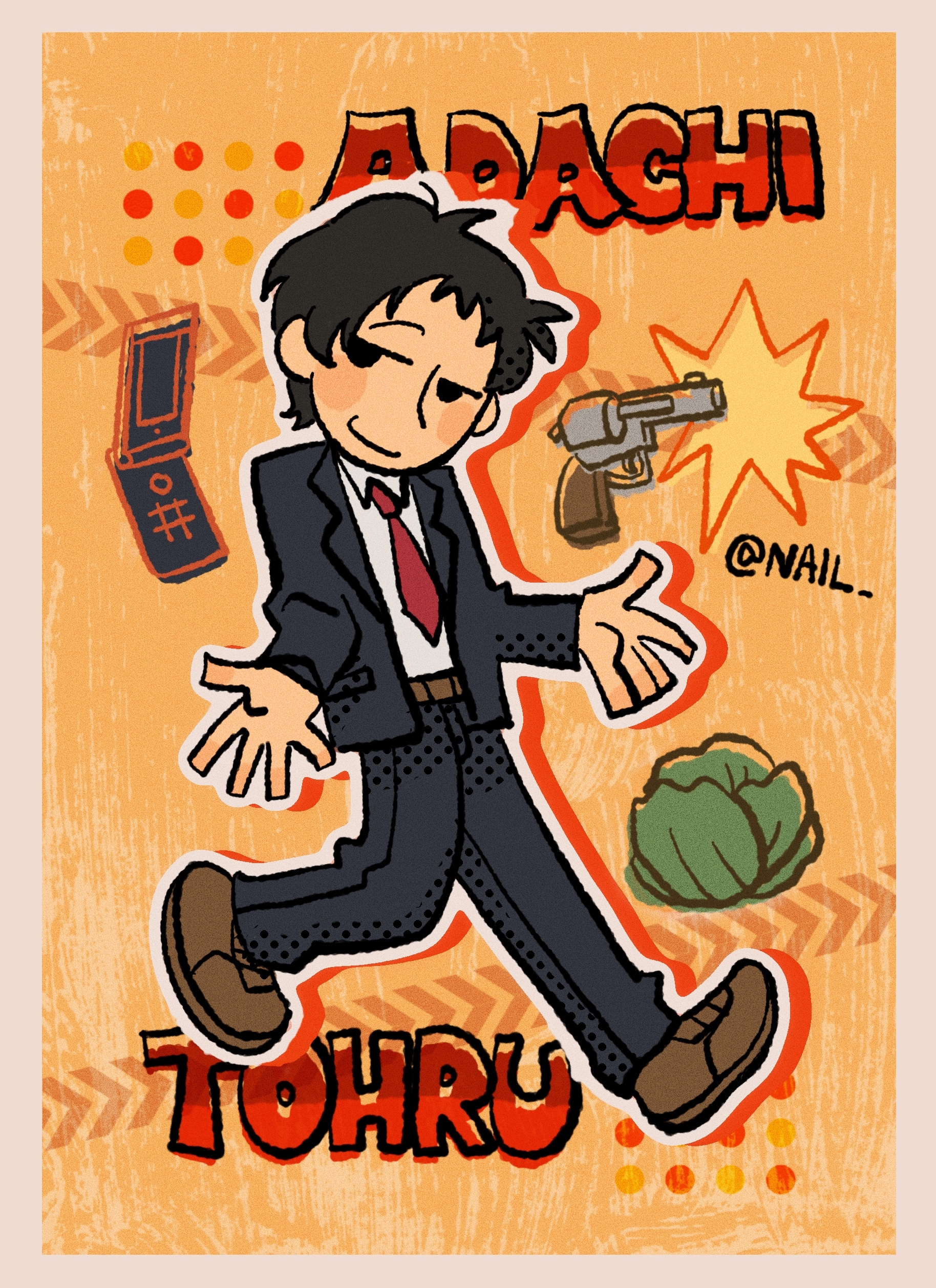nailtoo, adachi tooru, persona, persona 4, absurdres, chinese commentary, commentary request, highres, procreate (medium), 1boy, artist name, black eyes, black hair, black jacket, black pants, border, brown shoes, cabbage, cellphone, character name, closed mouth, collared shirt, flip phone, food, formal clothes, full body, gun, handgun, jacket, looking to the side, male focus, necktie, orange background, pants, phone, red necktie, revolver, shirt, shoes, short hair, simple background, smile, solo, standing, suit, vegetable, walking, weapon, white border, white shirt