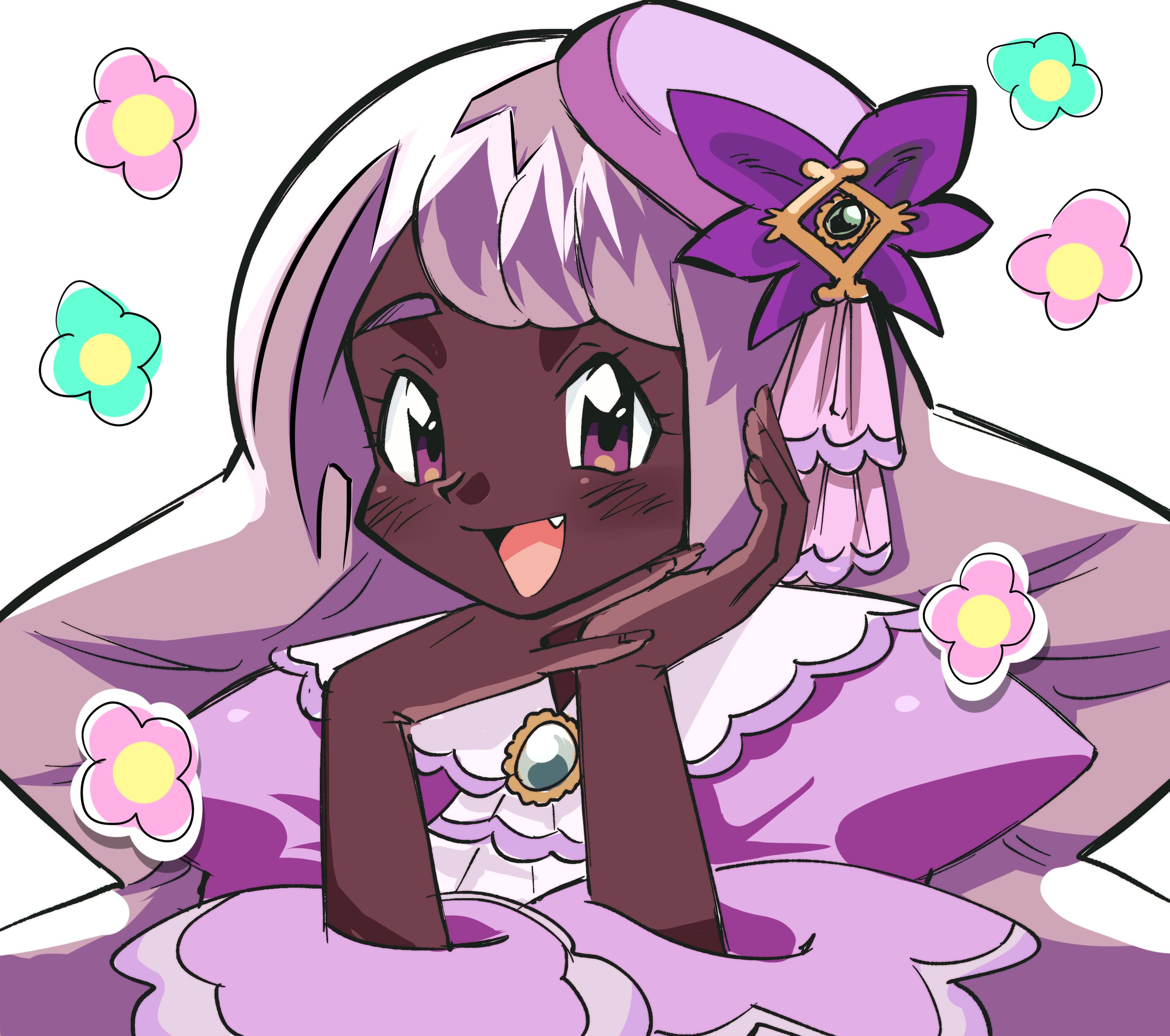 tom (p12mies), nintendo, pokemon, pokemon legends: z-a, highres, 1girl, beret, blush, brooch, dark-skinned female, dark skin, dress, fang, flower, hair ornament, hand on own chin, hat, head on hand, head rest, jacinthe (pokemon), jewelry, light-skinned palms, looking at viewer, open mouth, purple dress, purple eyes, purple hair, retro artstyle, smile, solo, upper body, very dark skin