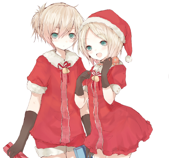 tetsuo (tashirosu), kagamine len, kagamine rin, vocaloid, 1boy, 1girl, brother and sister, christmas, siblings, twins