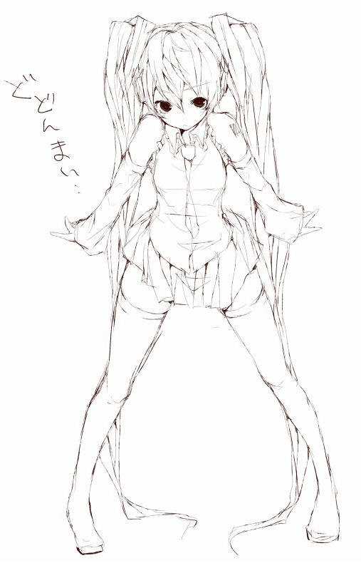 tetsuo (tashirosu), hatsune miku, vocaloid, 1girl, boots, brown theme, detached sleeves, female focus, long hair, monochrome, sketch, skirt, solo, thigh boots, thighhighs, twintails, very long hair