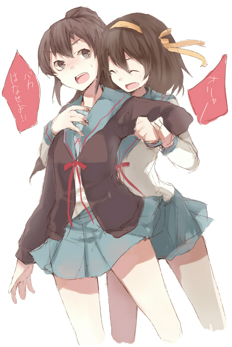 tetsuo (tashirosu), kyonko, suzumiya haruhi, suzumiya haruhi no yuuutsu, 00s, 2girls, :d, blazer, blue skirt, closed eyes, genderswap, genderswap (mtf), hug, hug from behind, jacket, long sleeves, multiple girls, open mouth, ponytail, sailor collar, school uniform, serafuku, simple background, skirt, smile, standing, surprised, white background, yuri