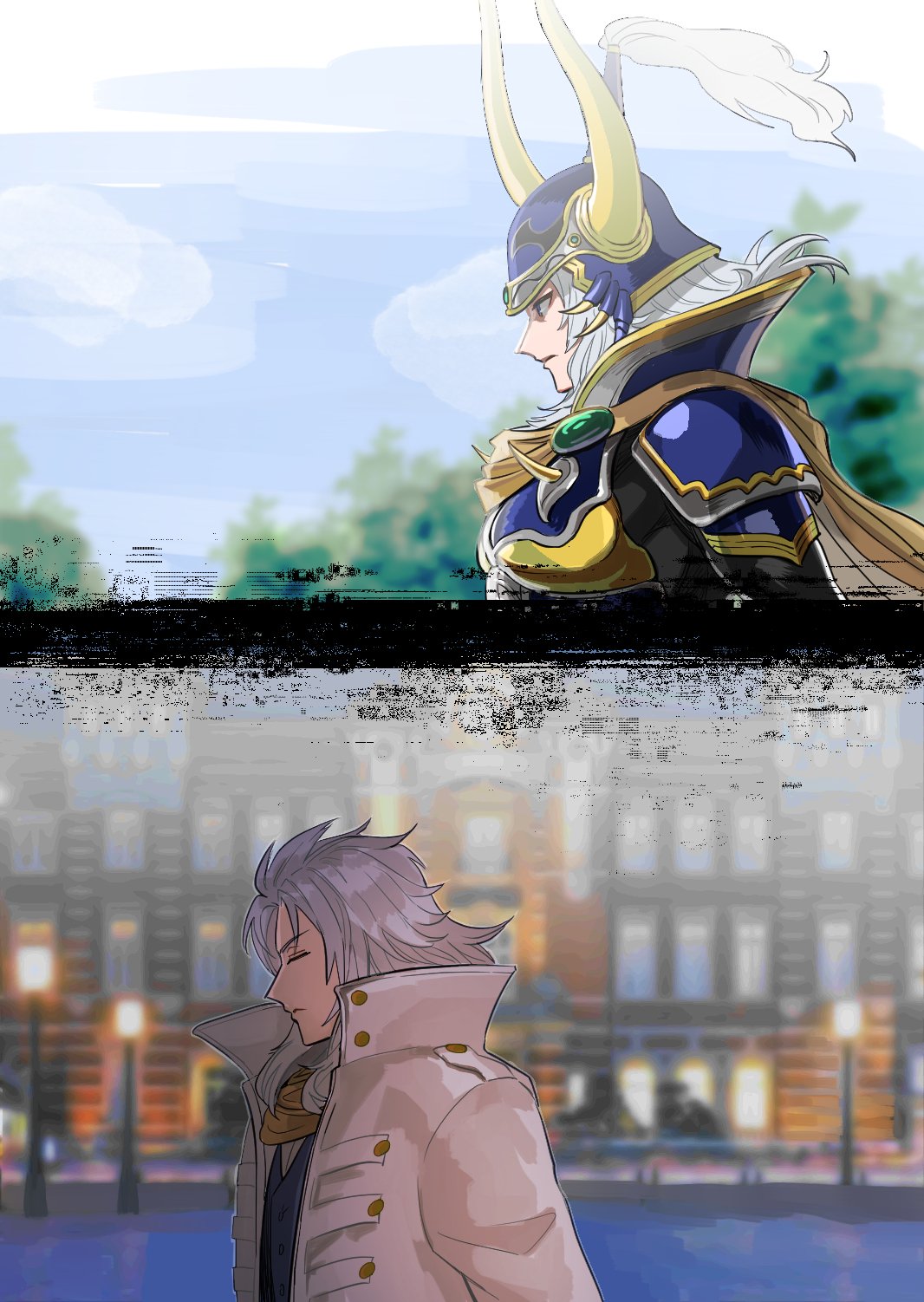 warrior of light (ff1), dissidia final fantasy, final fantasy, final fantasy i, highres, 1boy, armor, black border, black vest, blue sky, border, brooch, city, closed eyes, coat, dissidia duellum final fantasy, fake horns, gold trim, grey hair, helmet, horned helmet, horns, jewelry, lamppost, long hair, male focus, occultuun, official alternate costume, outdoors, parted bangs, profile, scarf, shirt, shoulder armor, sky, tree, upper body, vest, white coat, white shirt, yellow cloak, yellow scarf