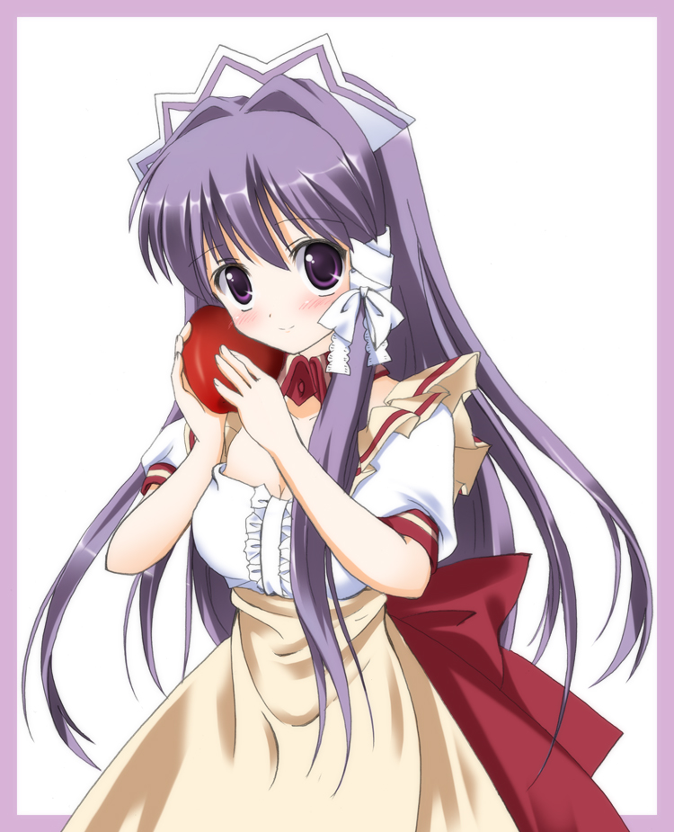 haruno (macoro), fujibayashi kyou, clannad, 00s, 1girl, apple, apron, detached collar, dress, female focus, food, fruit, holding, holding food, holding fruit, long hair, purple eyes, purple hair, solo, split mouth, waitress