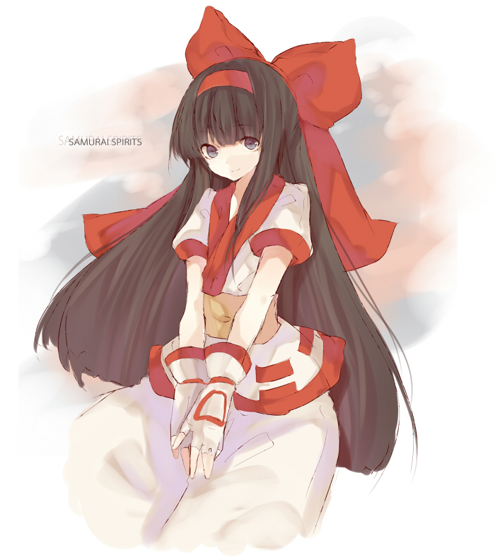 tetsuo (tashirosu), nakoruru, samurai spirits, 1girl, blunt bangs, bow, brown eyes, brown hair, copyright name, cowboy shot, dress, female focus, fingerless gloves, gloves, hair bow, long hair, looking at viewer, own hands together, puffy short sleeves, puffy sleeves, red bow, short sleeves, smile, solo, standing, very long hair, white dress, white gloves