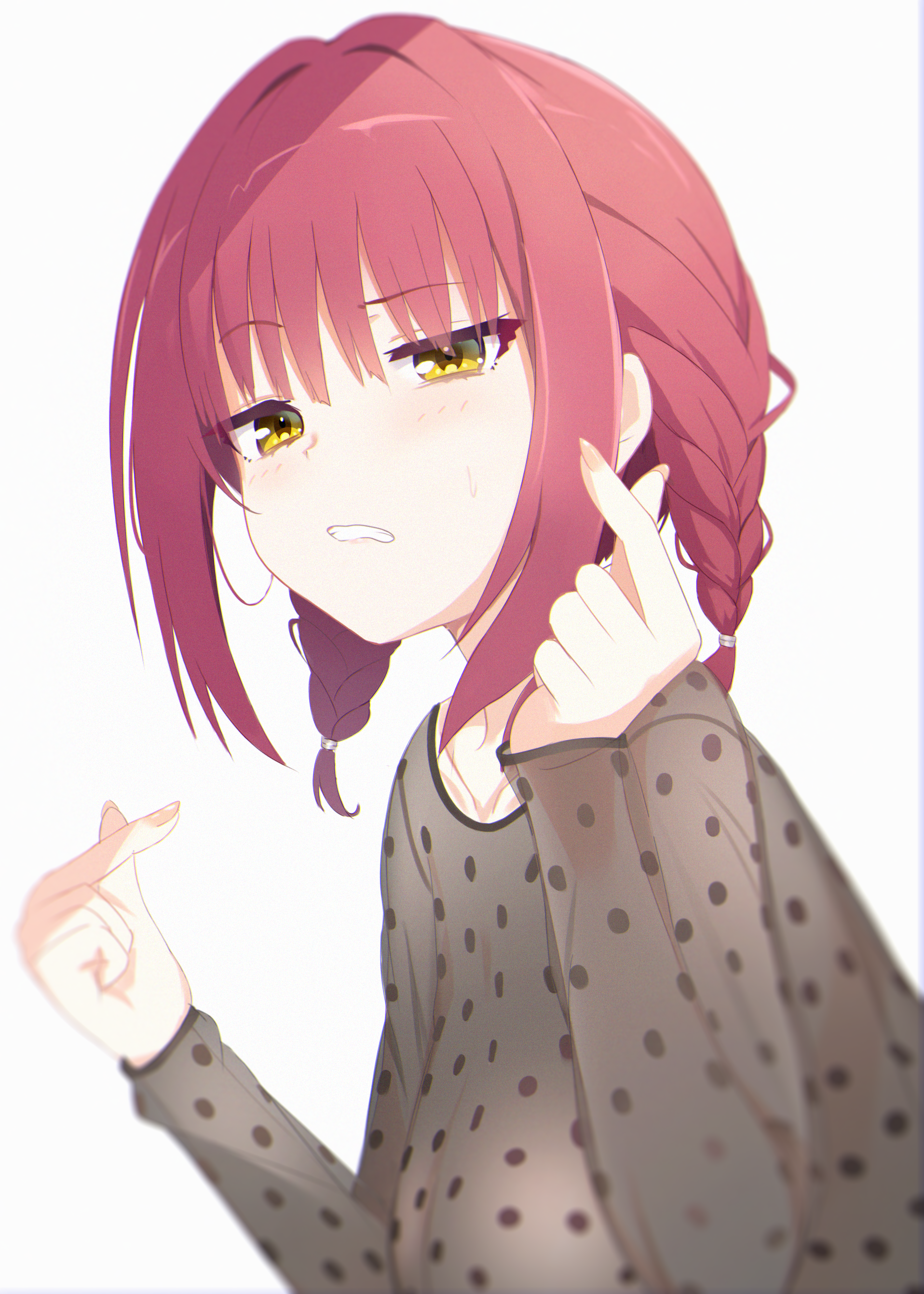 doruzou18, limelight lemonade jam, absurdres, commentary request, highres, 1girl, alternate costume, alternate hairstyle, black shirt, blush, braid, breasts, clenched teeth, collarbone, double finger heart, eyelashes, eyes visible through hair, finger heart, fingernails, frown, futamihara ririko, hair between eyes, hair intakes, half-closed eyes, hands up, large breasts, long sleeves, looking at viewer, medium hair, no bra, polka dot, polka dot shirt, red hair, see-through clothes, see-through shirt, shirt, sidelocks, solo, sweatdrop, teeth, twin braids, upper body, yellow eyes