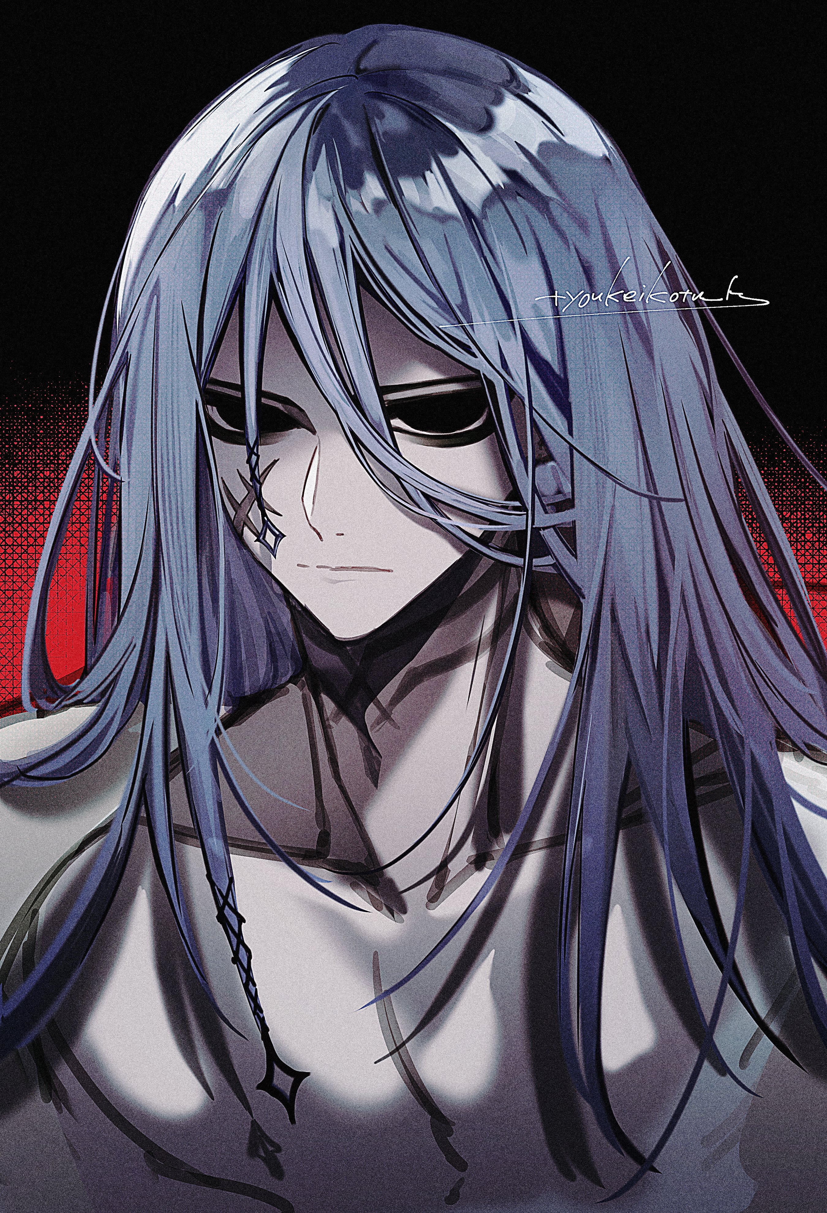 fate/grand order, fate (series), absurdres, highres, 1boy, artist name, azrael (grand assassin) (fate), black background, black eyes, blue hair, closed mouth, colored skin, empty eyes, grey skin, hair between eyes, hair ornament, long hair, looking at viewer, male focus, pectorals, red background, scar, scar on face, simple background, solo, upper body