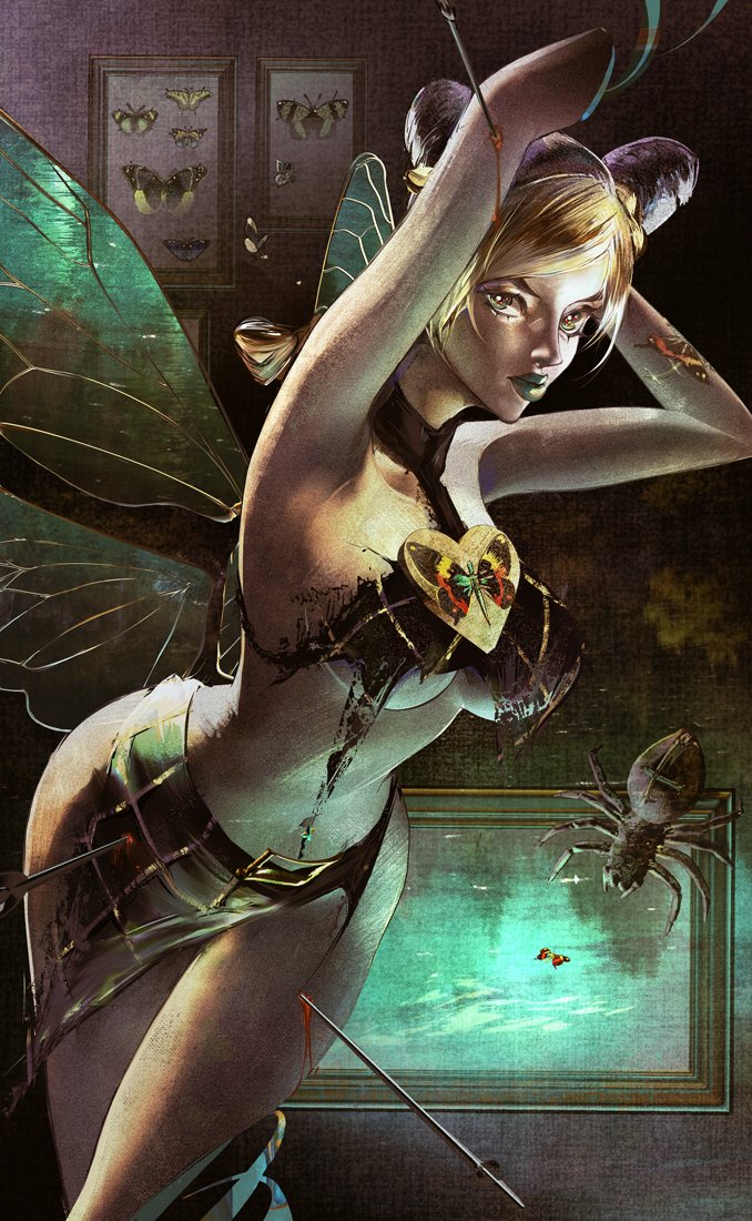 kuujou jolyne, jojo no kimyou na bouken, stone ocean, 1girl, arm tattoo, armpits, arms behind head, arms up, black hair, blonde hair, blood, braid, braided bun, breasts, bug, butterfly, butterfly tattoo, butterfly wings, cone hair bun, double bun, green eyes, green lips, green skirt, hair bun, heart ornament, insect, insect wings, large breasts, makeup, midriff, multicolored hair, musasabi05, navel, navel piercing, needle, picture frame, piercing, skirt, solo, spider, spider web print, string, tattoo, torn clothes, two-tone hair, underboob, wings
