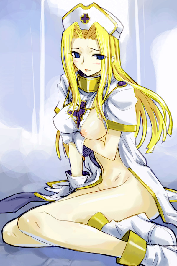 michael f91, mint adenade, tales of (series), tales of phantasia, 1girl, blonde hair, blue eyes, boots, bottomless, breasts, cleric, female focus, gloves, hair intakes, hat, legs, long hair, long legs, priestess, sitting, solo, thighs