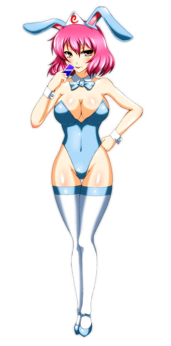 iwamoto eiri, saigyouji yuyuko, touhou, bad id, bad pixiv id, highres, 1girl, animal ears, card, female focus, full body, holding, holding card, pink hair, playboy bunny, rabbit ears, red eyes, short hair, solo, thighhighs, tongue, transparent background