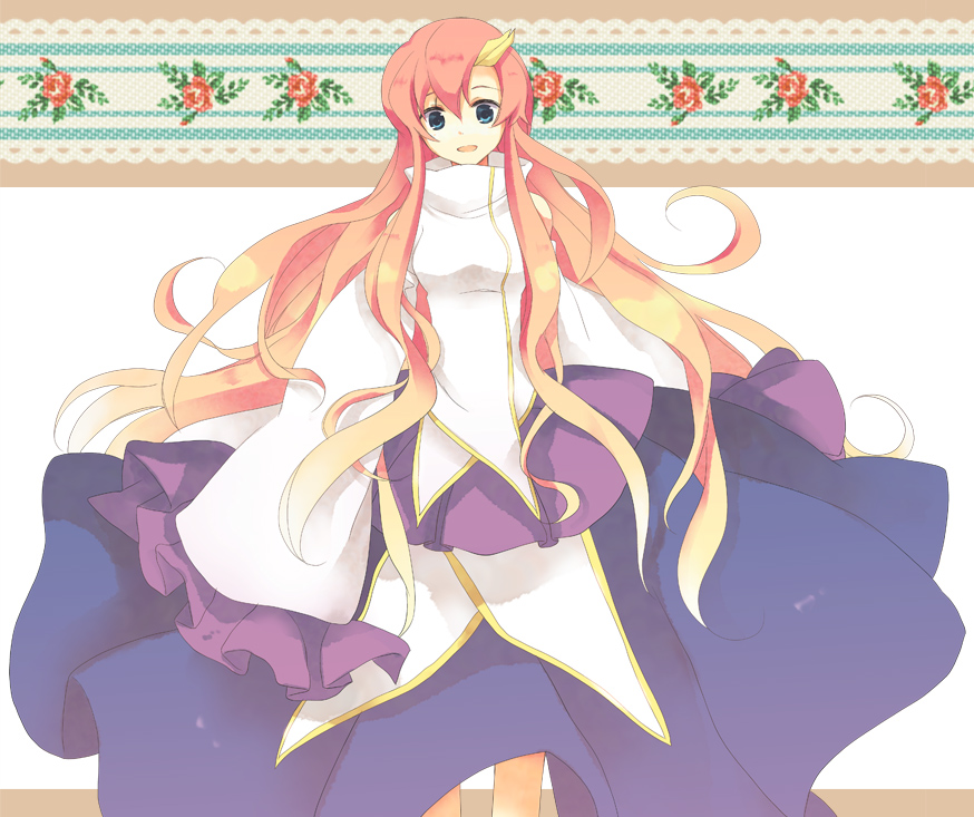 akarino, akarino (yucco), lacus clyne, gundam, gundam seed, 00s, blue eyes, dress, frills, gathers, hair ornament, hairclip, long hair, pink hair, smile, solo, very long hair