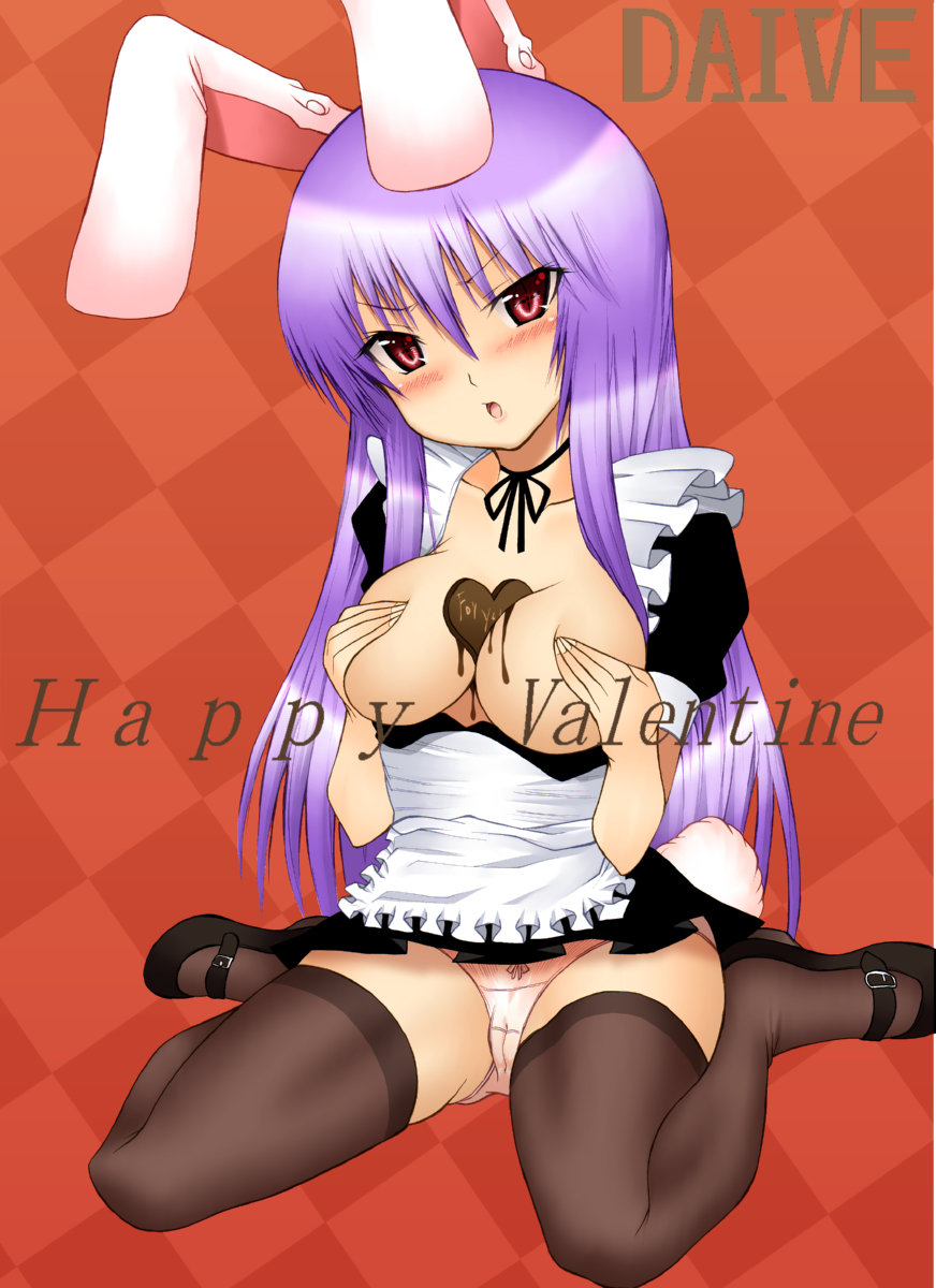 daive, reisen udongein inaba, touhou, bad id, bad pixiv id, highres, 1girl, animal ears, between breasts, blush, breasts, chocolate, female focus, happy valentine, large breasts, maid, panties, rabbit ears, solo, symbol-shaped pupils, thighhighs, underwear, valentine
